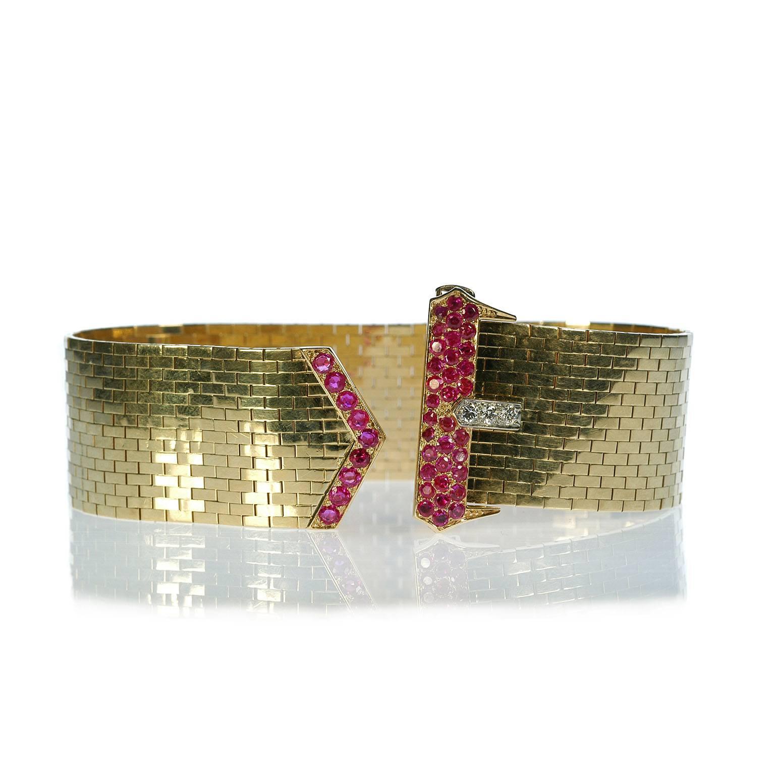 Tiffany & Co. Retro Ruby Diamond Gold Buckle Bracelet  In Excellent Condition For Sale In New York, NY