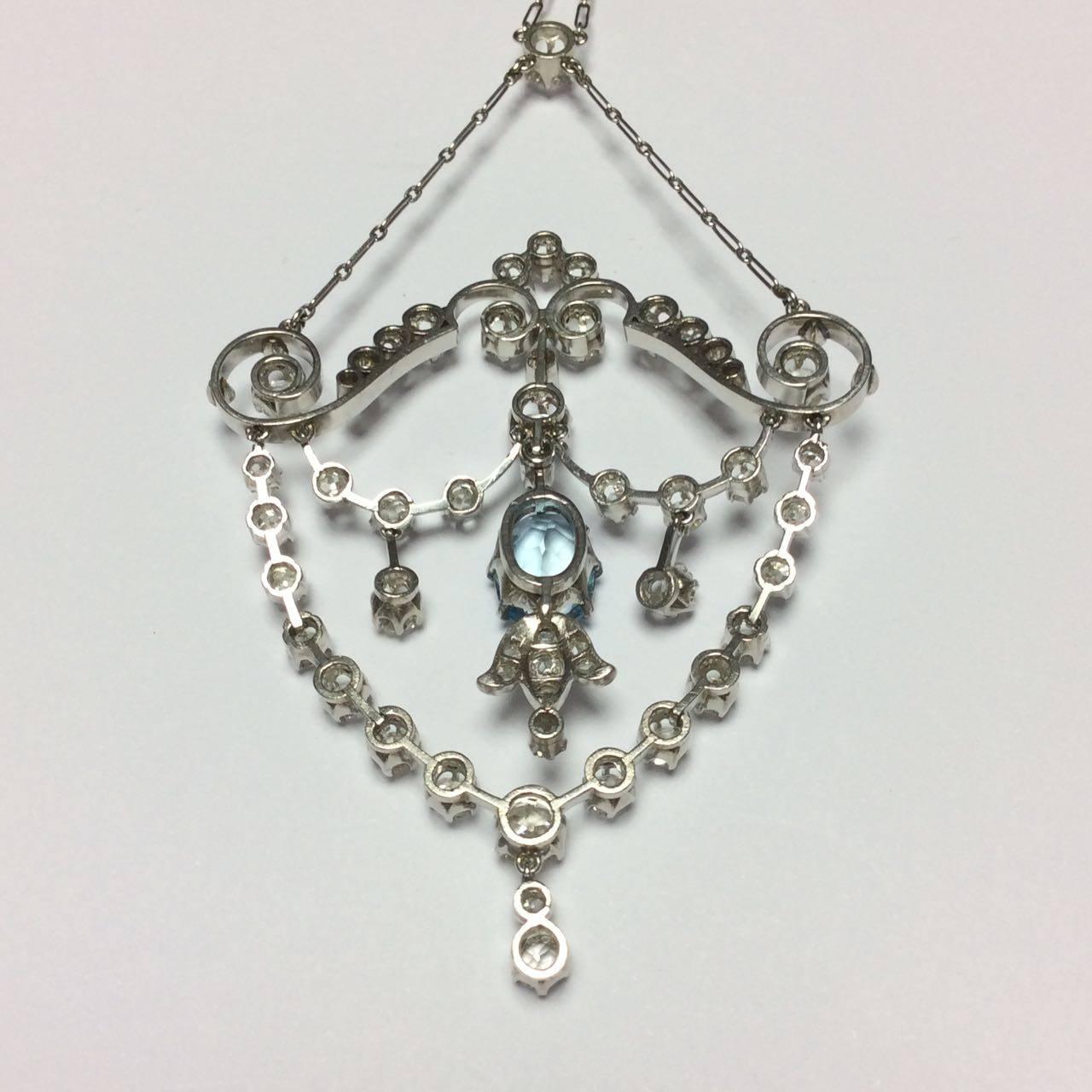Women's 1900s Diamonds Aquamarine Platinum Necklace For Sale