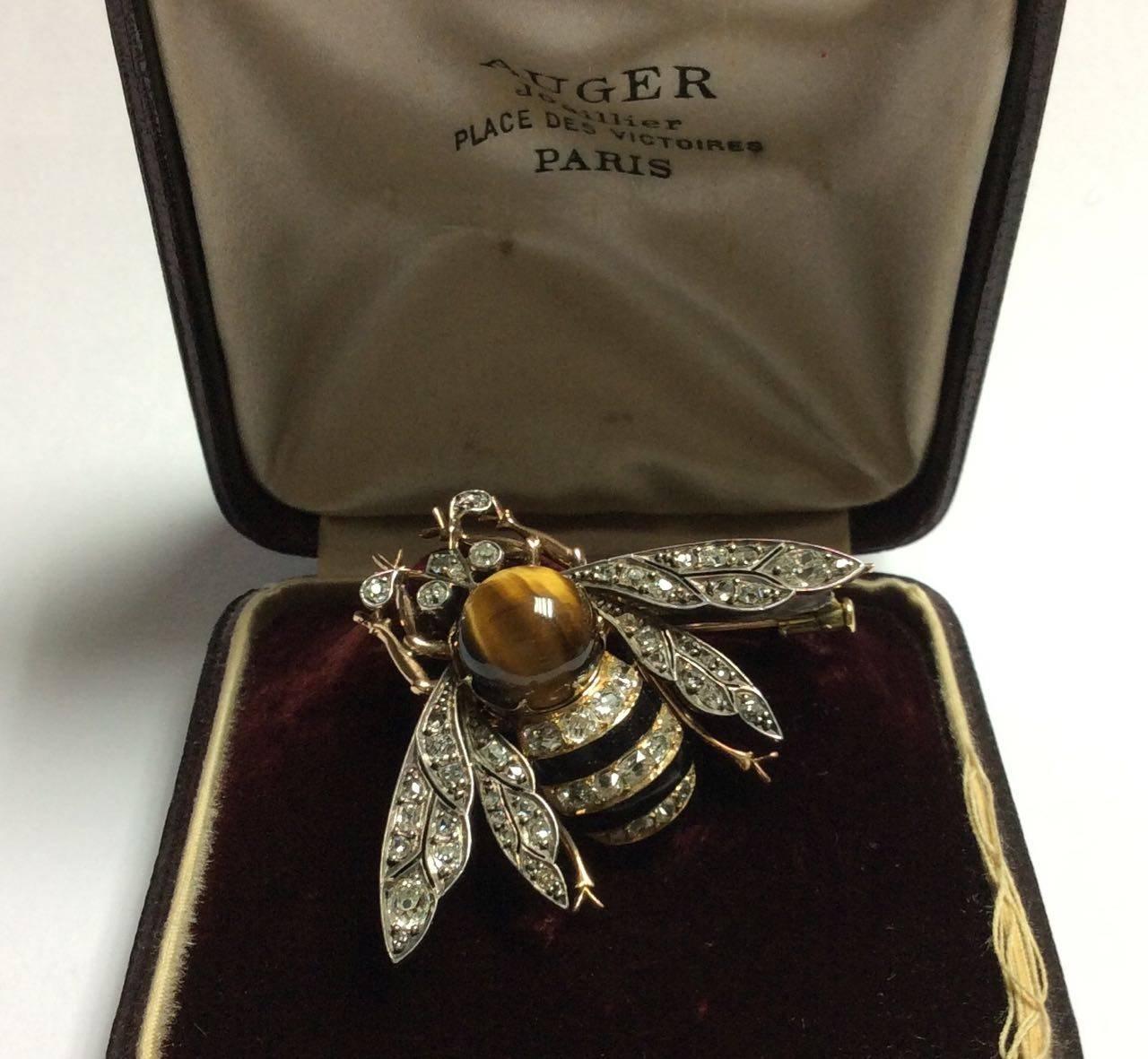 Enameled Bee brooch in silver & gold, diamonds, quartz Tiger's eye. With original box by AUGER Paris, 