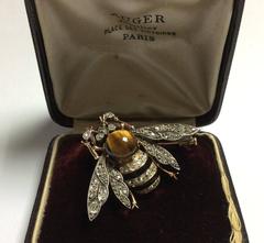 1870s Enamel Quartz Tiger's Eye Diamond Silver Gold Bee Brooch