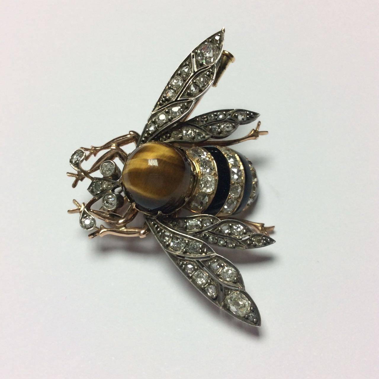 Women's or Men's 1870s Enamel Quartz Tiger's Eye Diamond Silver Gold Bee Brooch