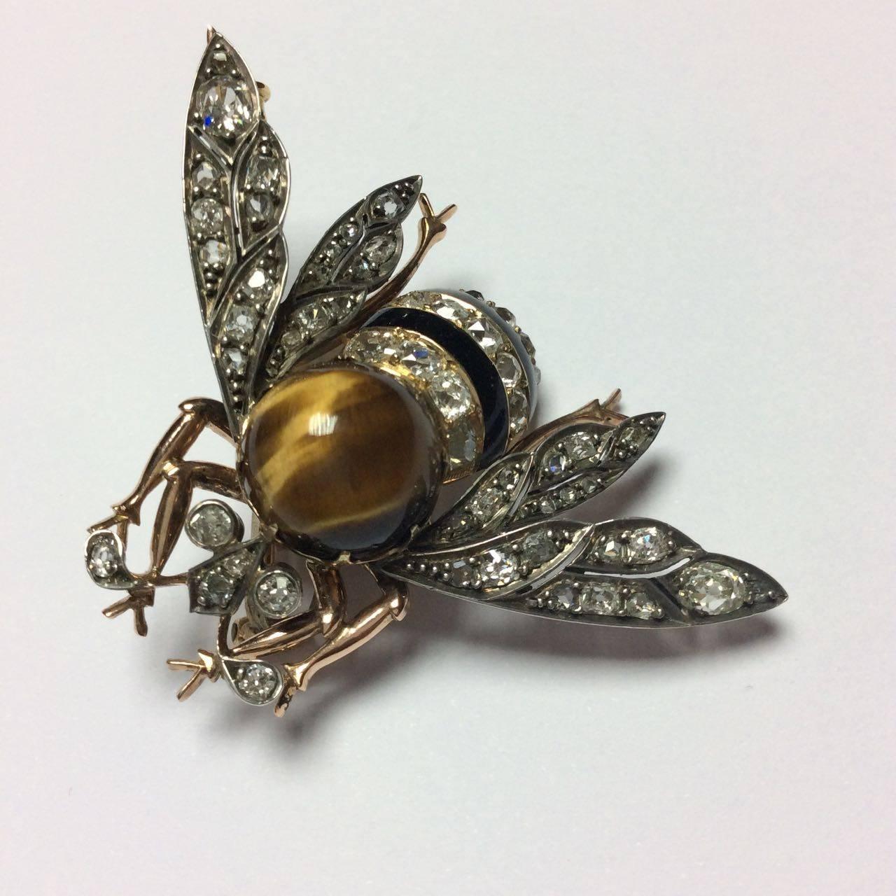 1870s Enamel Quartz Tiger's Eye Diamond Silver Gold Bee Brooch 1