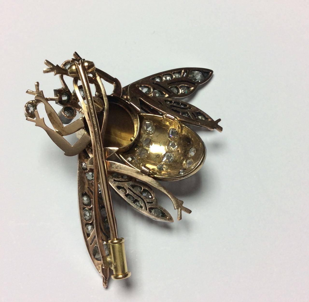 1870s Enamel Quartz Tiger's Eye Diamond Silver Gold Bee Brooch 2