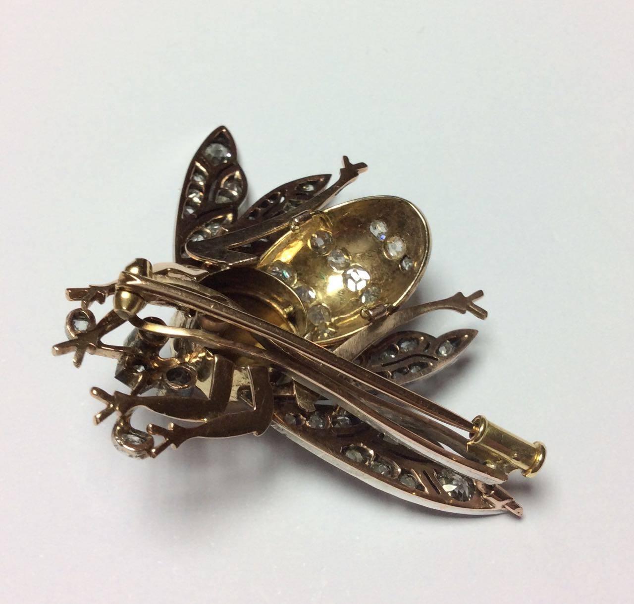 1870s Enamel Quartz Tiger's Eye Diamond Silver Gold Bee Brooch 3