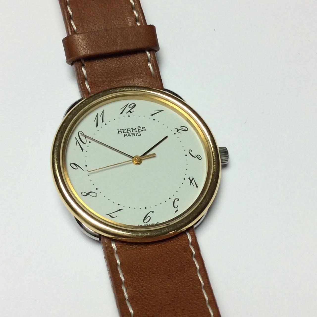Women's or Men's Hermes Yellow Gold Stainless Steel Arceau Quartz Wristwatch For Sale