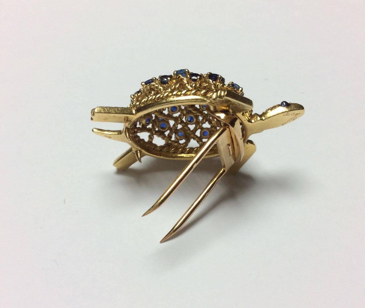 Women's 1960s Cartier Sapphire Gold Turtle Brooch