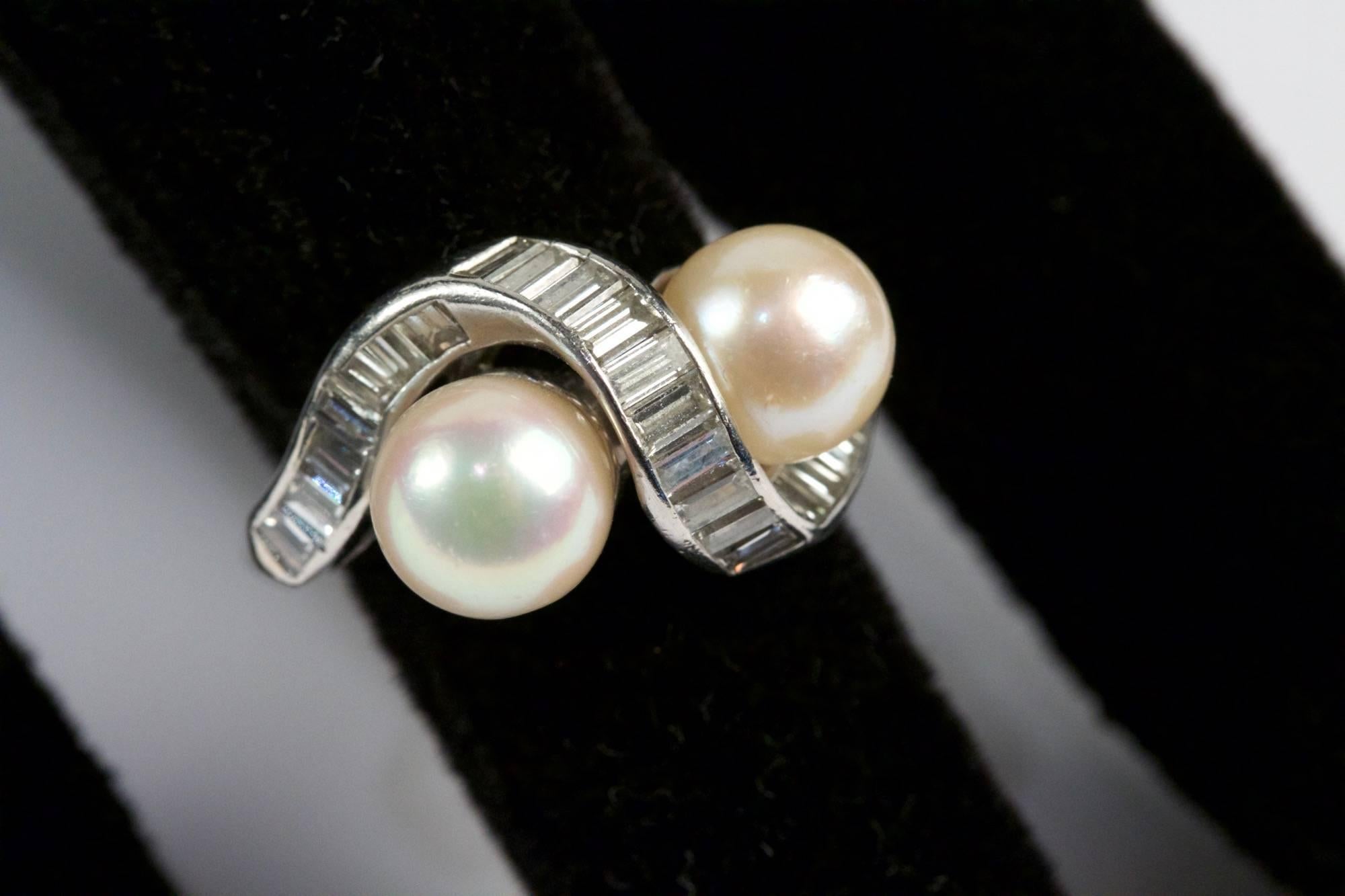 Women's 1960s Pearl Baguette Diamonds Platinum Ring For Sale