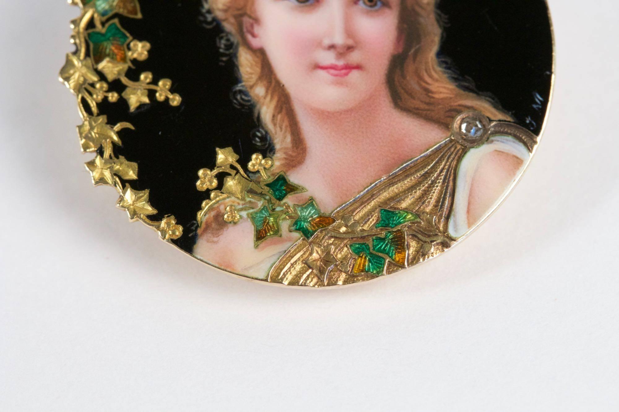 Women's 1900s Art Nouveau Enameled Gold Miniature Portrait Brooch