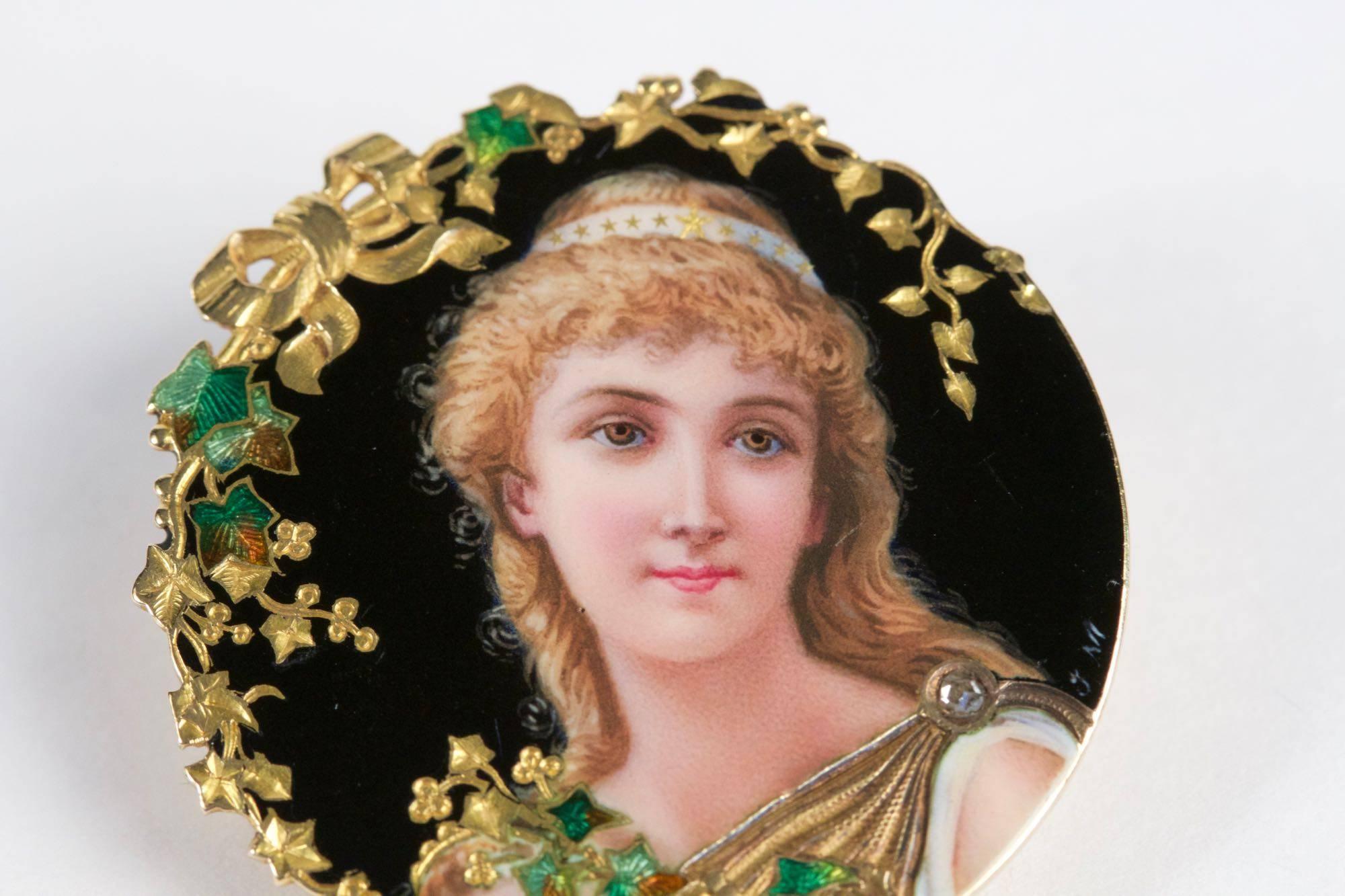 1900s Art Nouveau Enameled Gold Miniature Portrait Brooch 1