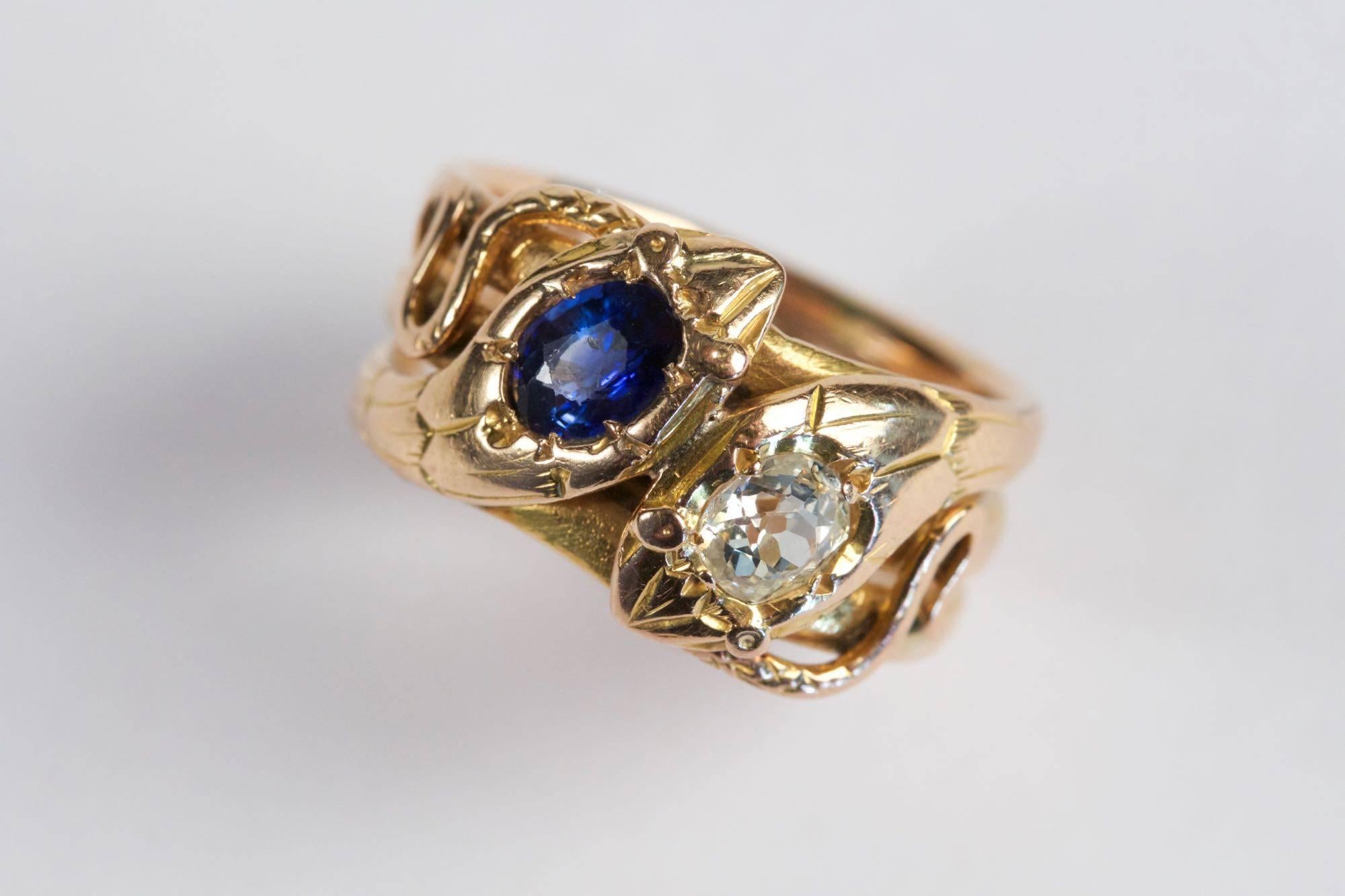 19th Century Diamond Sapphire Gold Snake Ring In Good Condition In Saint-Ouen, FR