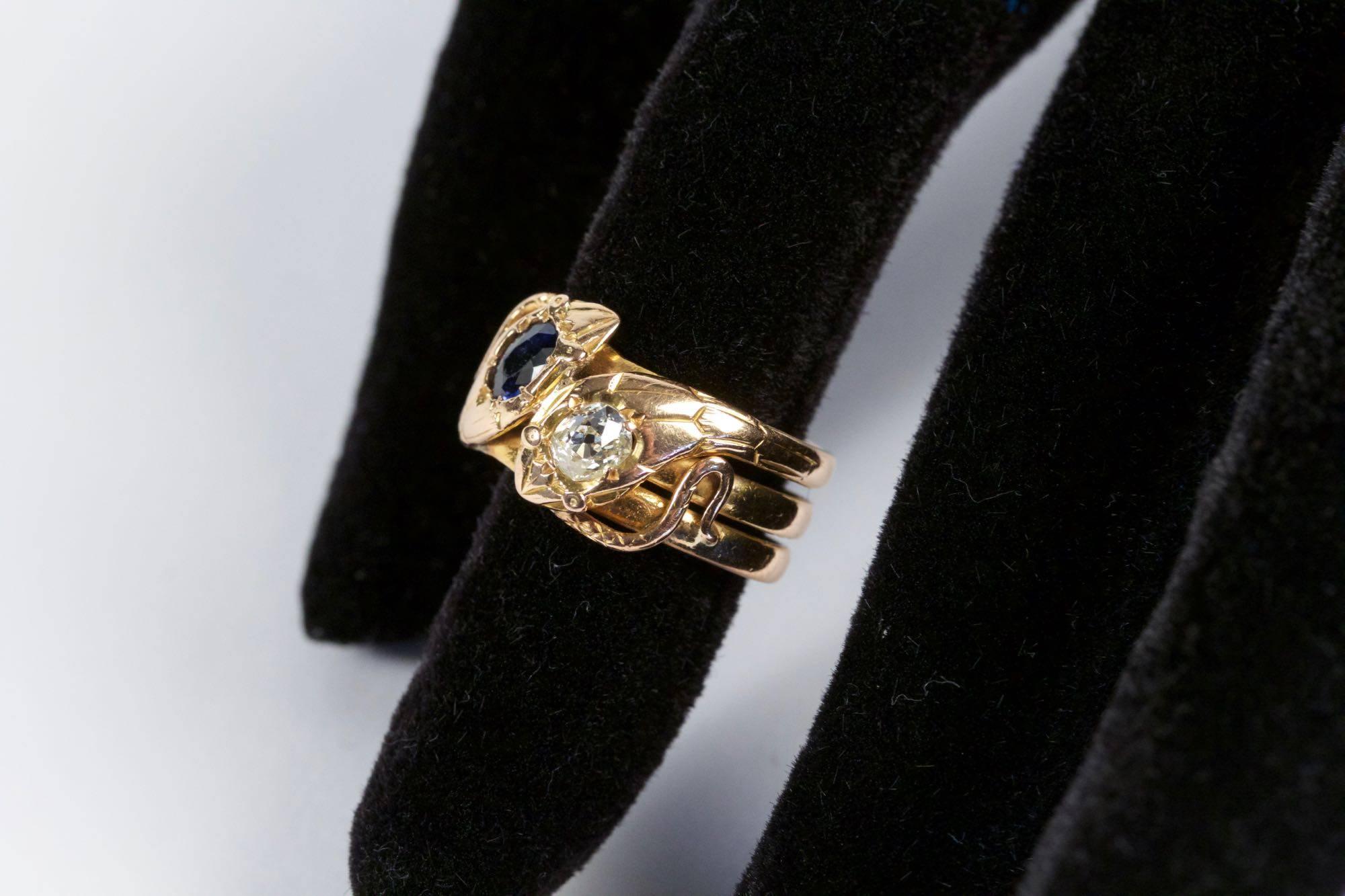 Women's or Men's 19th Century Diamond Sapphire Gold Snake Ring
