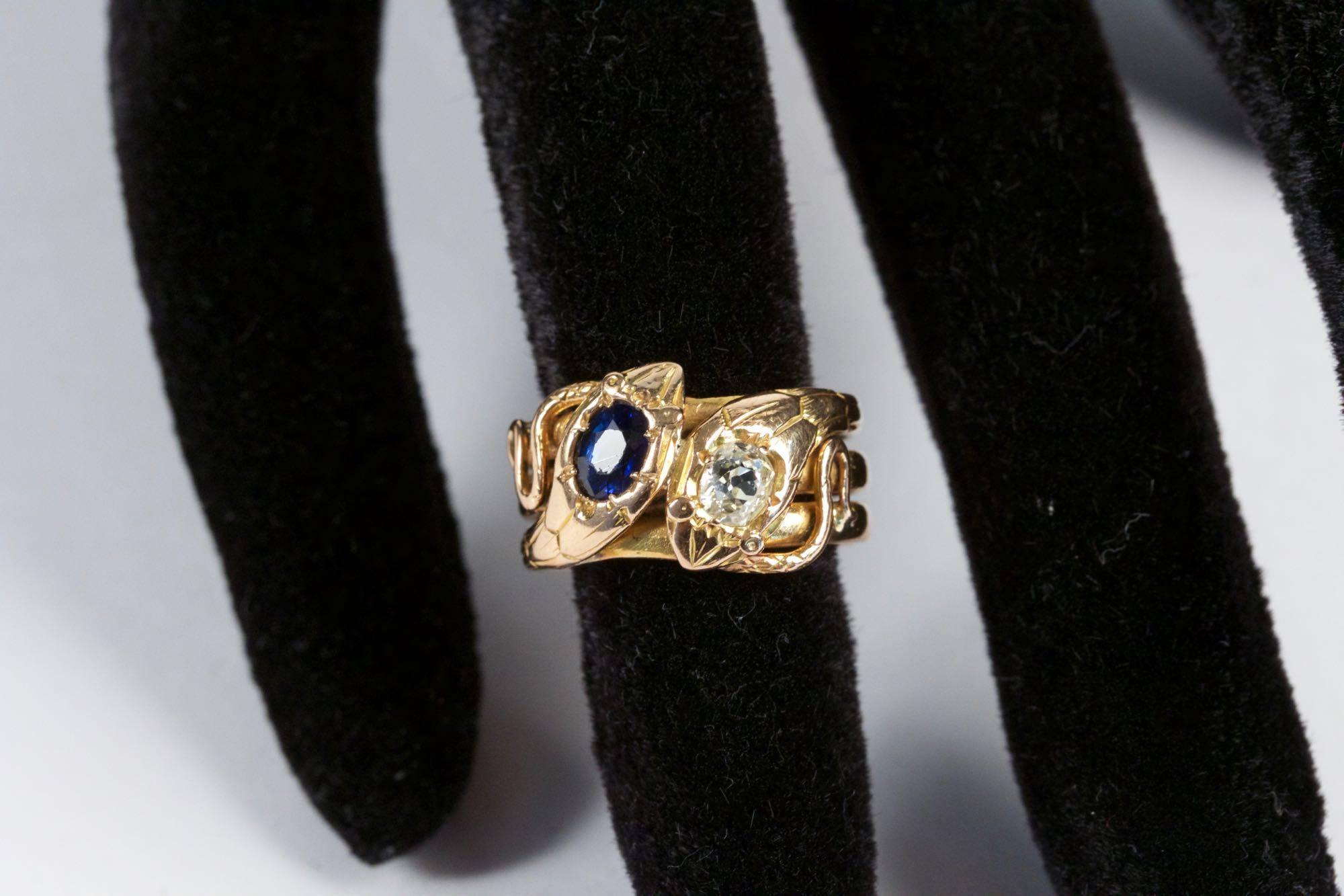 19th Century Diamond Sapphire Gold Snake Ring 1