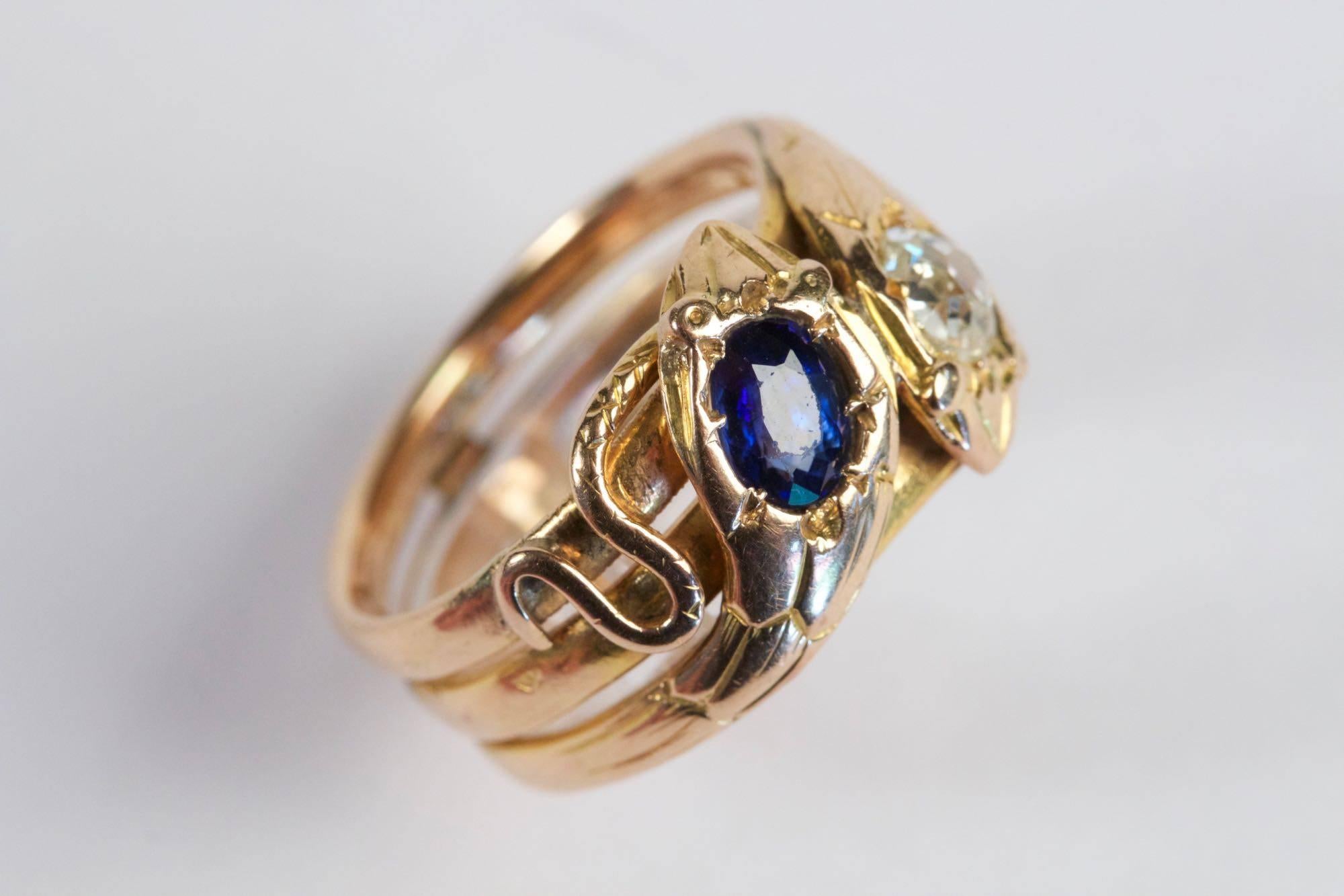 19th Century Diamond Sapphire Gold Snake Ring 2