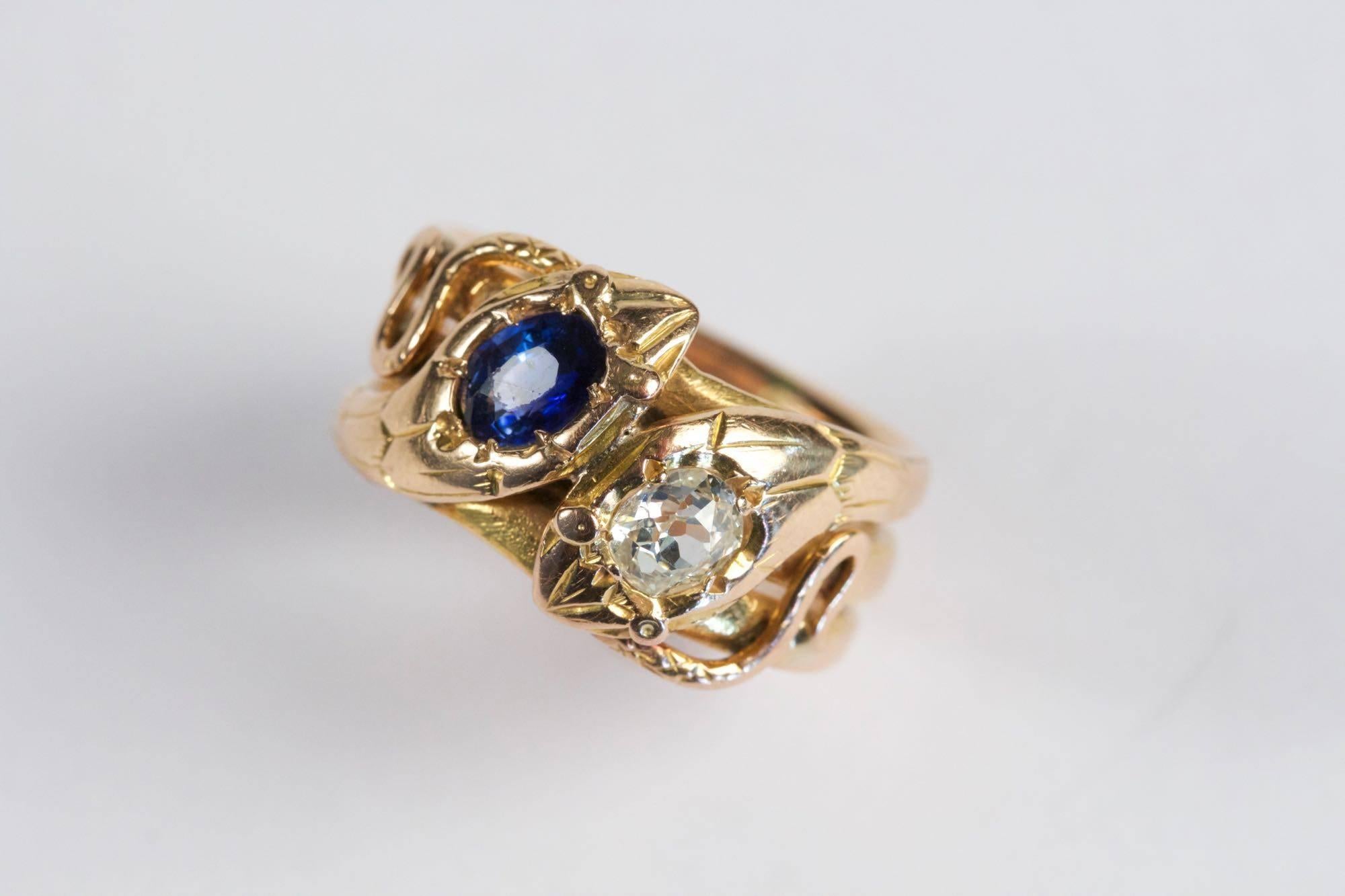 19th Century Diamond Sapphire Gold Snake Ring 3