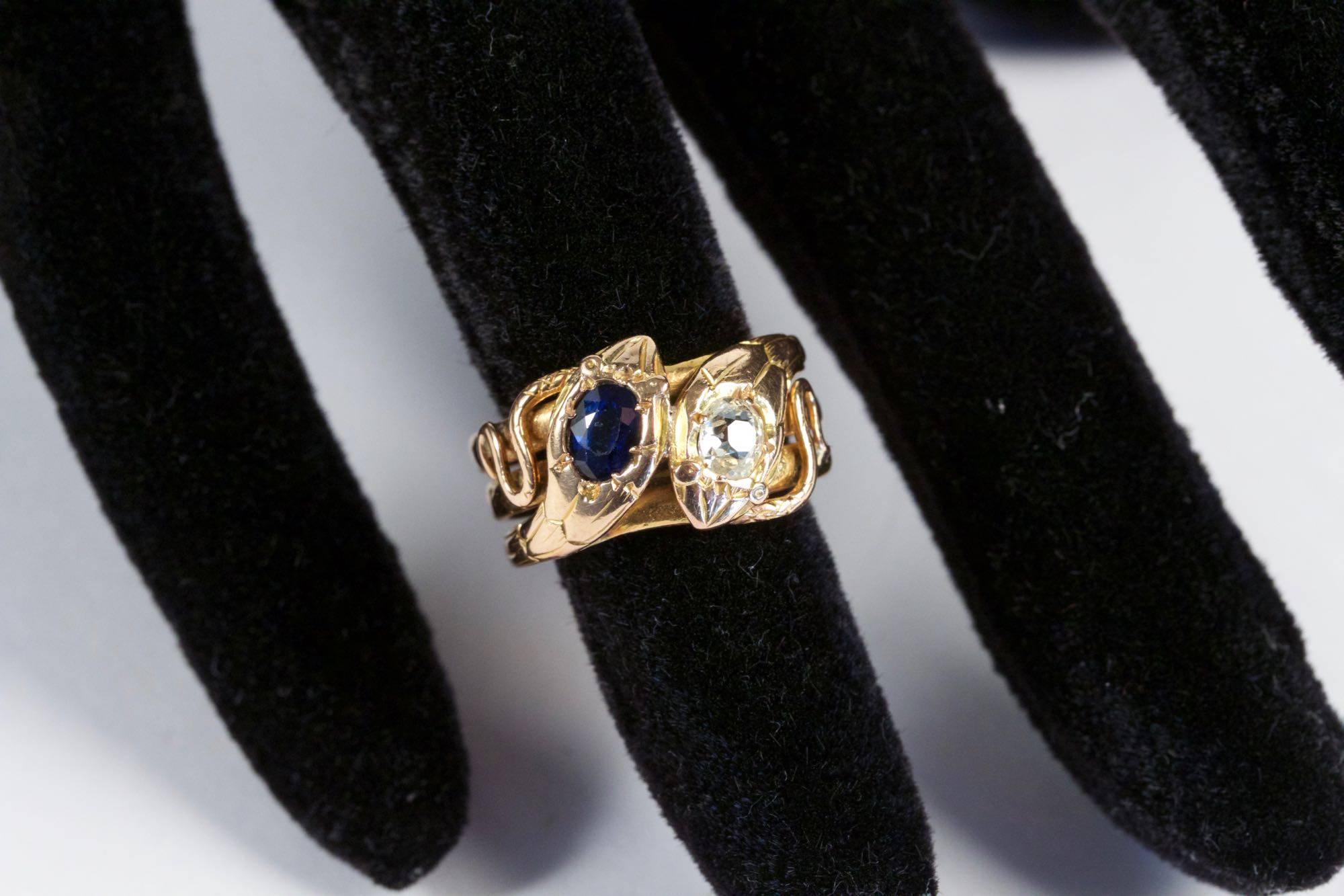 19th Century Diamond Sapphire Gold Snake Ring 5
