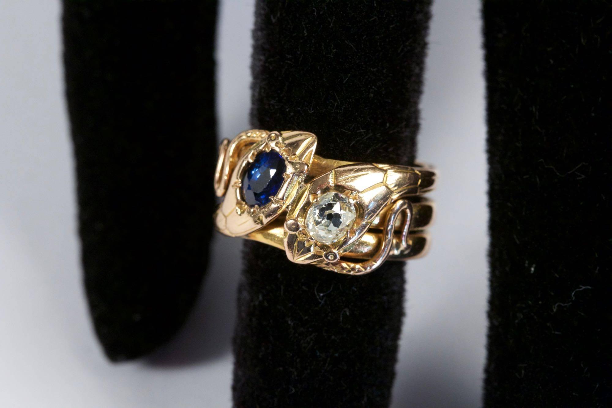 19th Century Diamond Sapphire Gold Snake Ring 6