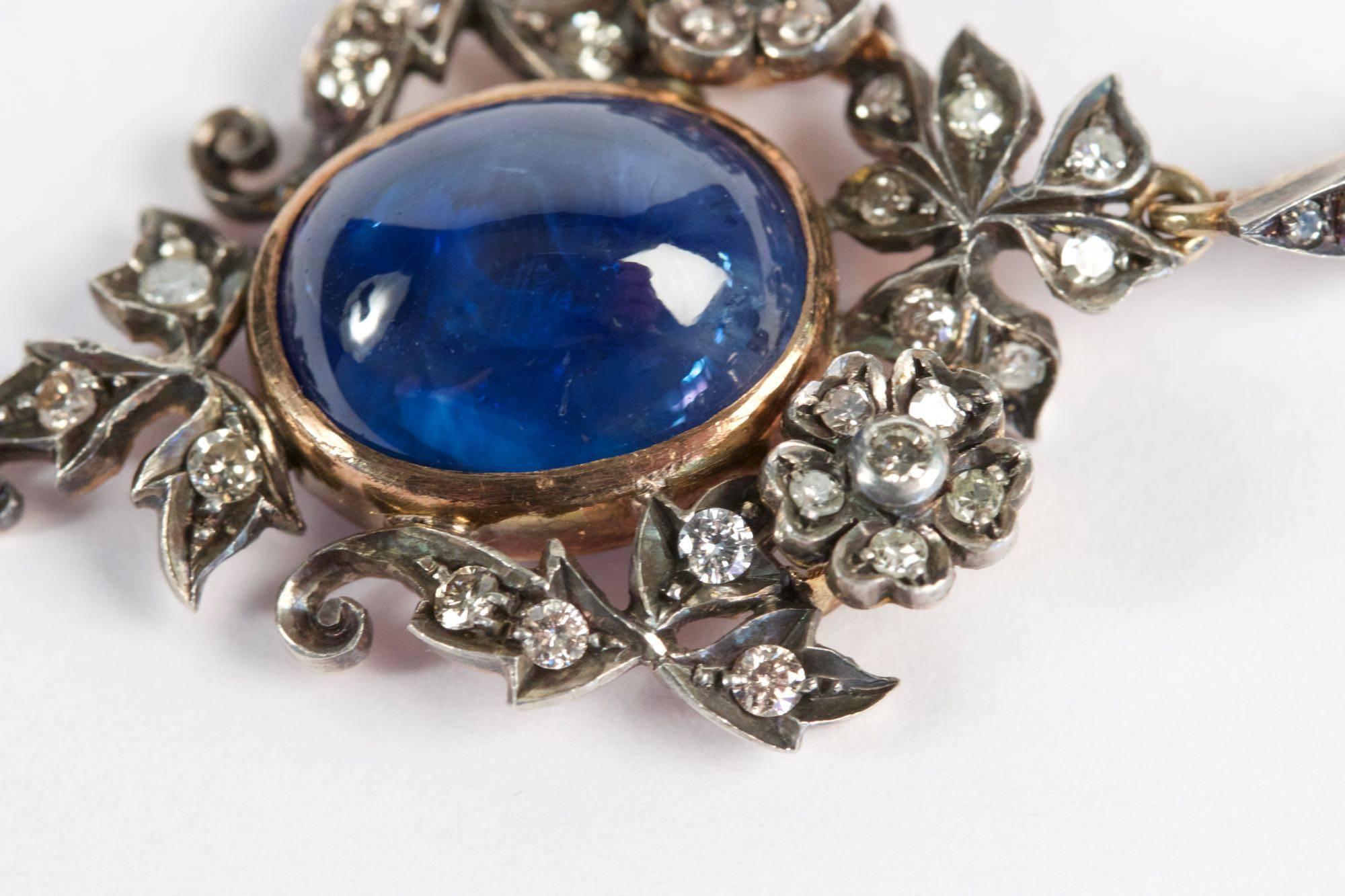 19th Century Sapphire Diamond Gold Pendant In Good Condition In Saint-Ouen, FR