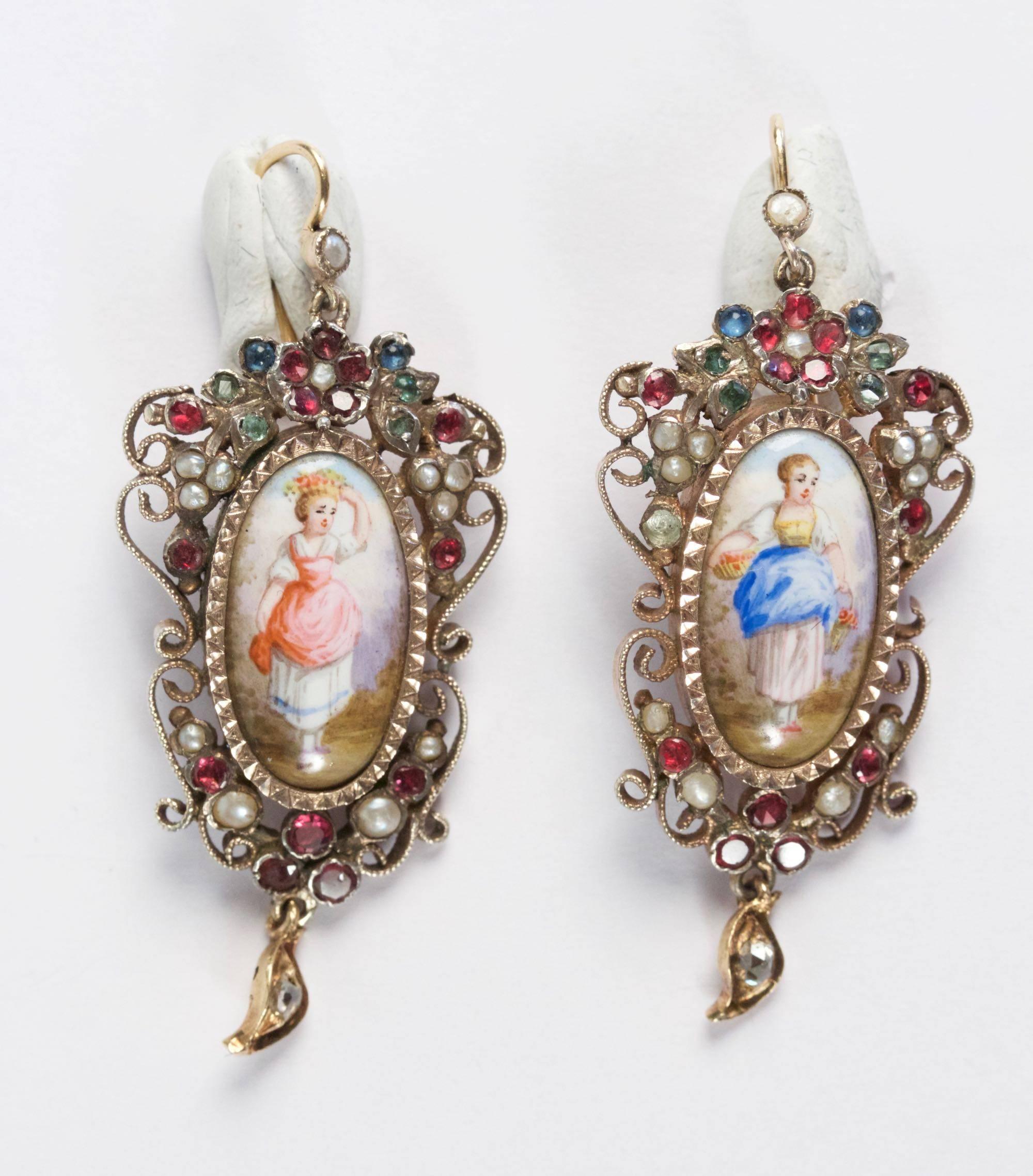 Antiques gold and silver miniature enamel pendant earrings set with diamonds and garnet. Circa 1850. French work.