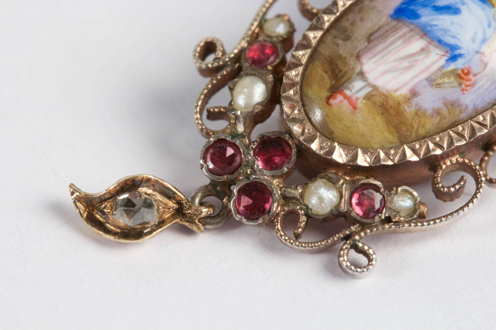 19th Century Miniature Enamel Garnet Diamond Silver Gold Earrings In Good Condition In Saint-Ouen, FR