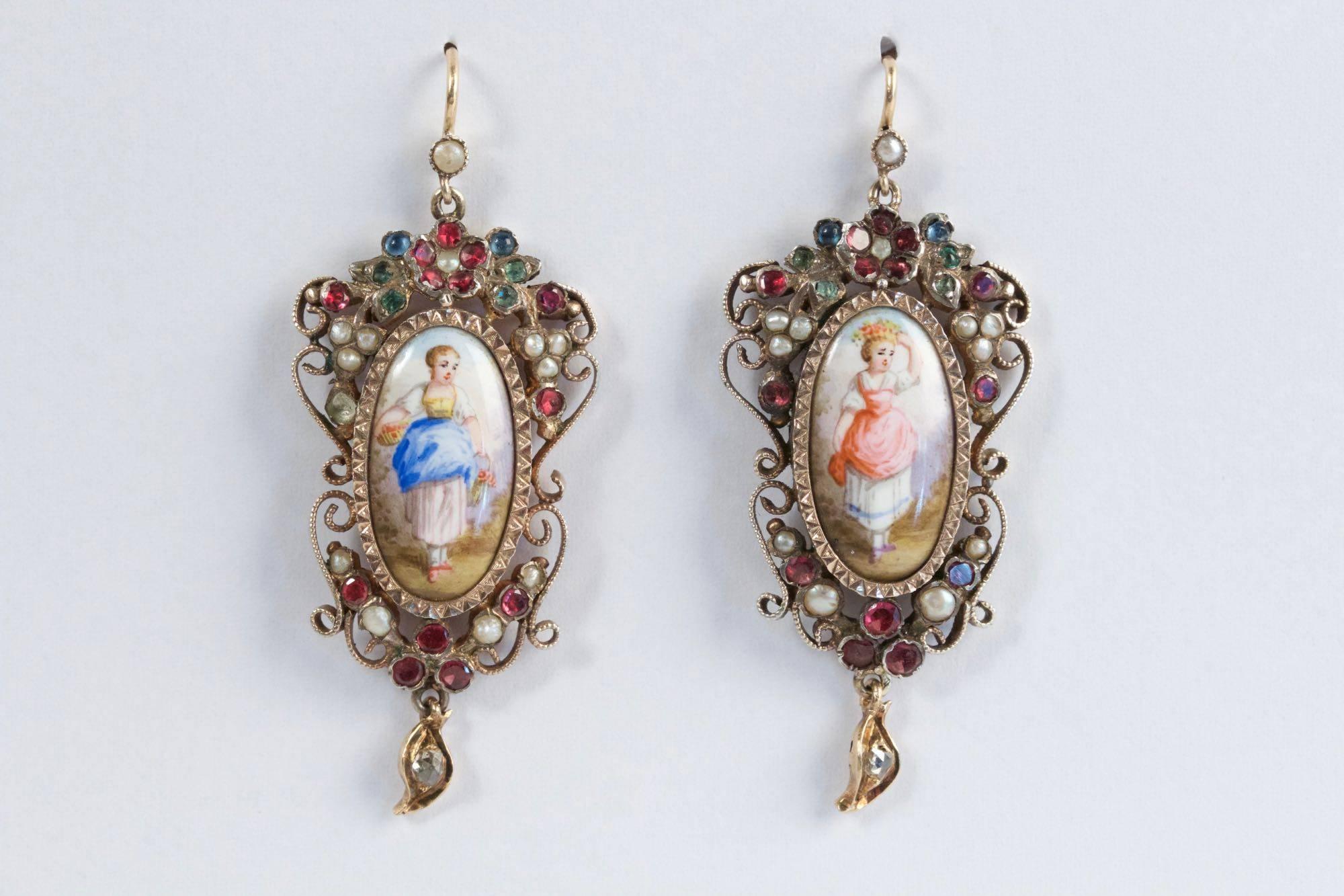 19th Century Miniature Enamel Garnet Diamond Silver Gold Earrings 1