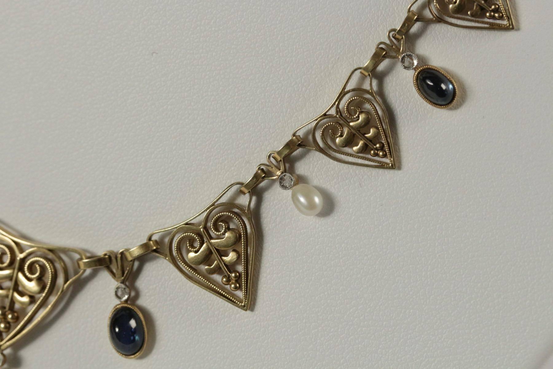 1900s Pearl Sapphire Diamond Gold Drapery Art Nouveau Necklace 1