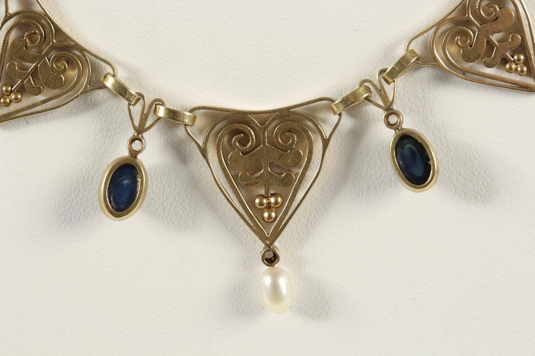 1900s Pearl Sapphire Diamond Gold Drapery Art Nouveau Necklace 2