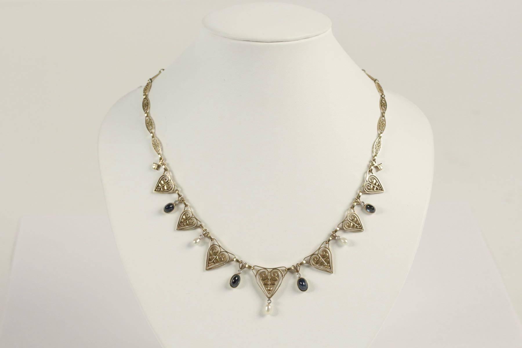 1900s Pearl Sapphire Diamond Gold Drapery Art Nouveau Necklace 3