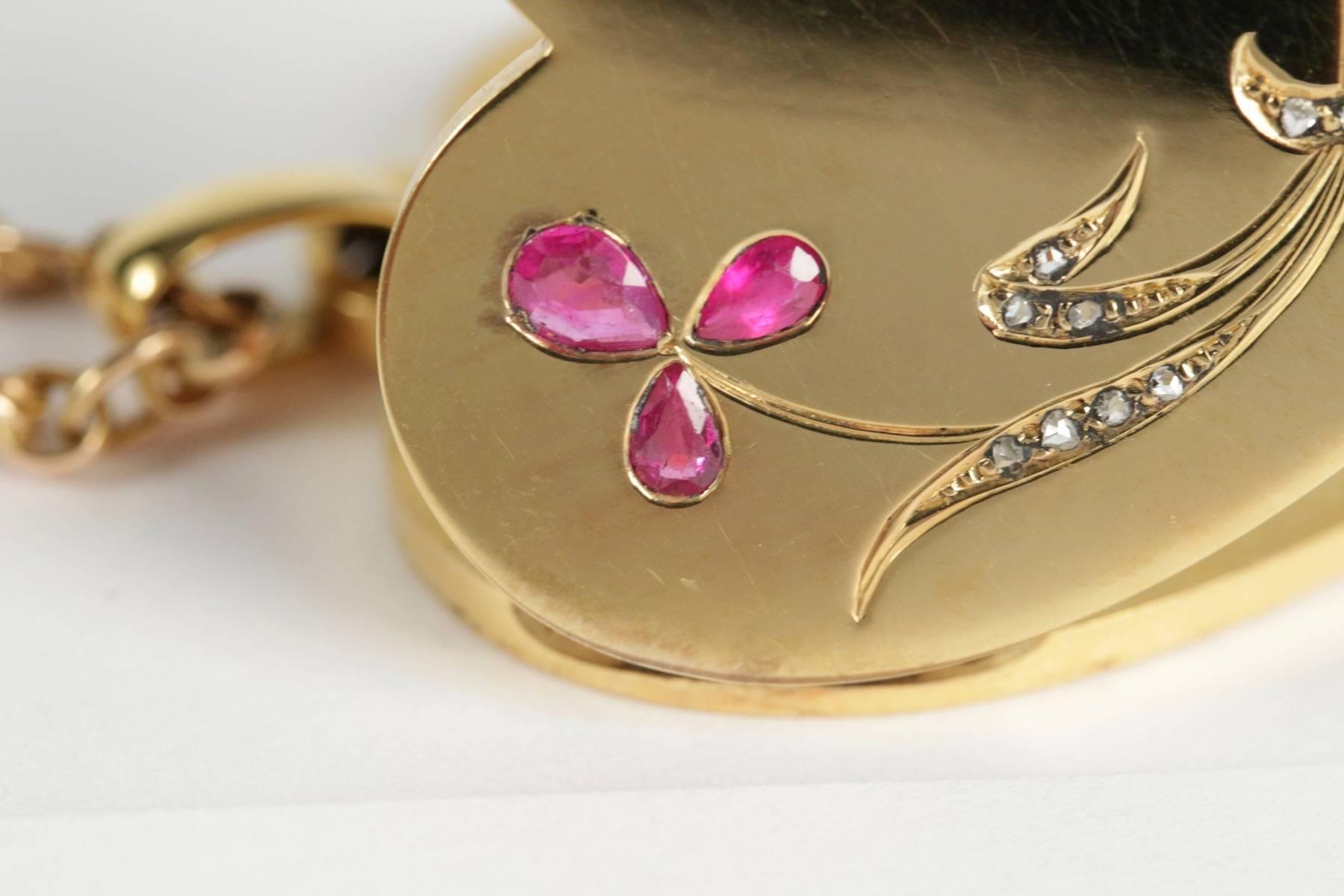 19th Century French Gold Ruby Diamond Heart Locket Pendant For Sale 3