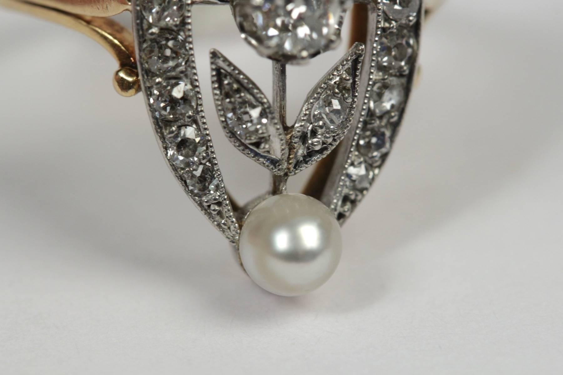 Women's 1910s Diamond Pearl Gold Platinum Marquise Ring For Sale