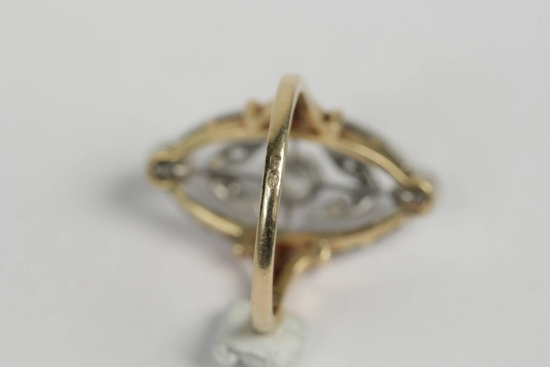 1910s Diamond Pearl Gold Platinum Marquise Ring For Sale 1