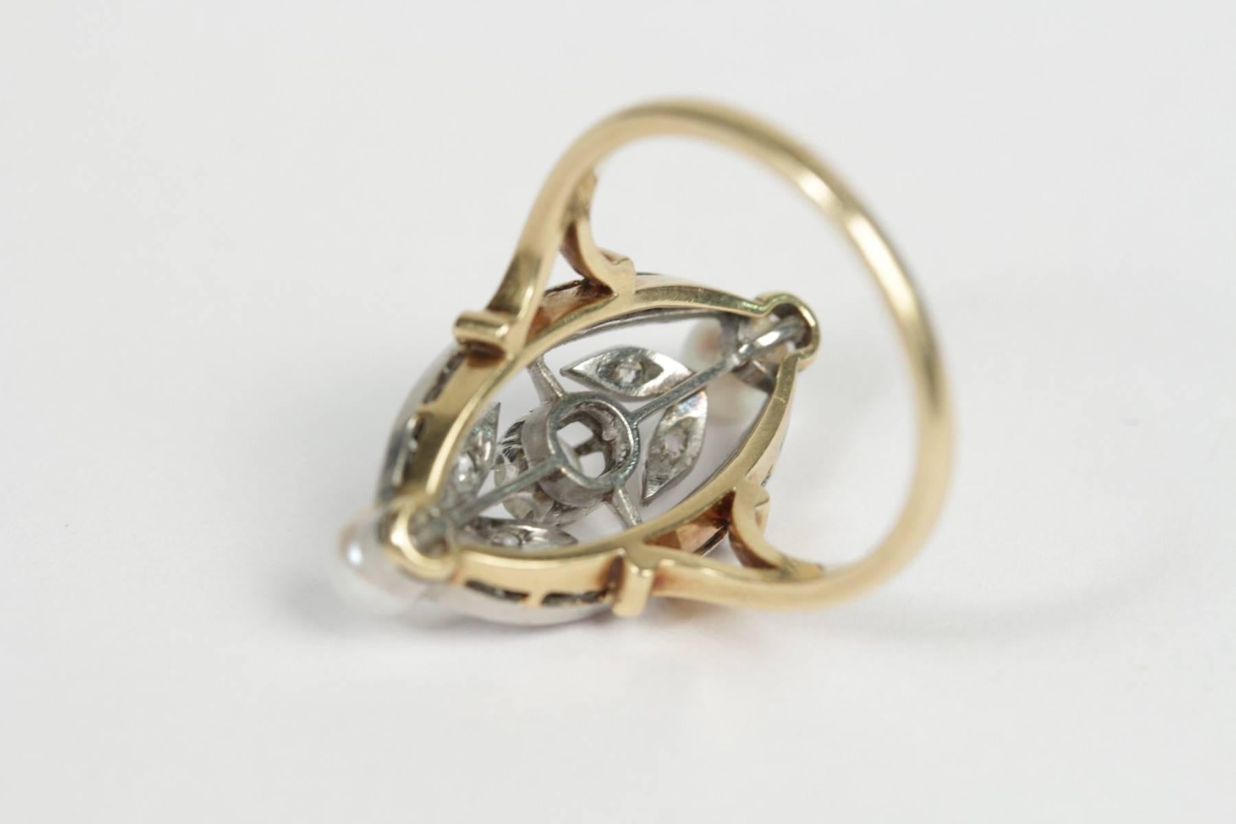 1910s Diamond Pearl Gold Platinum Marquise Ring For Sale 2