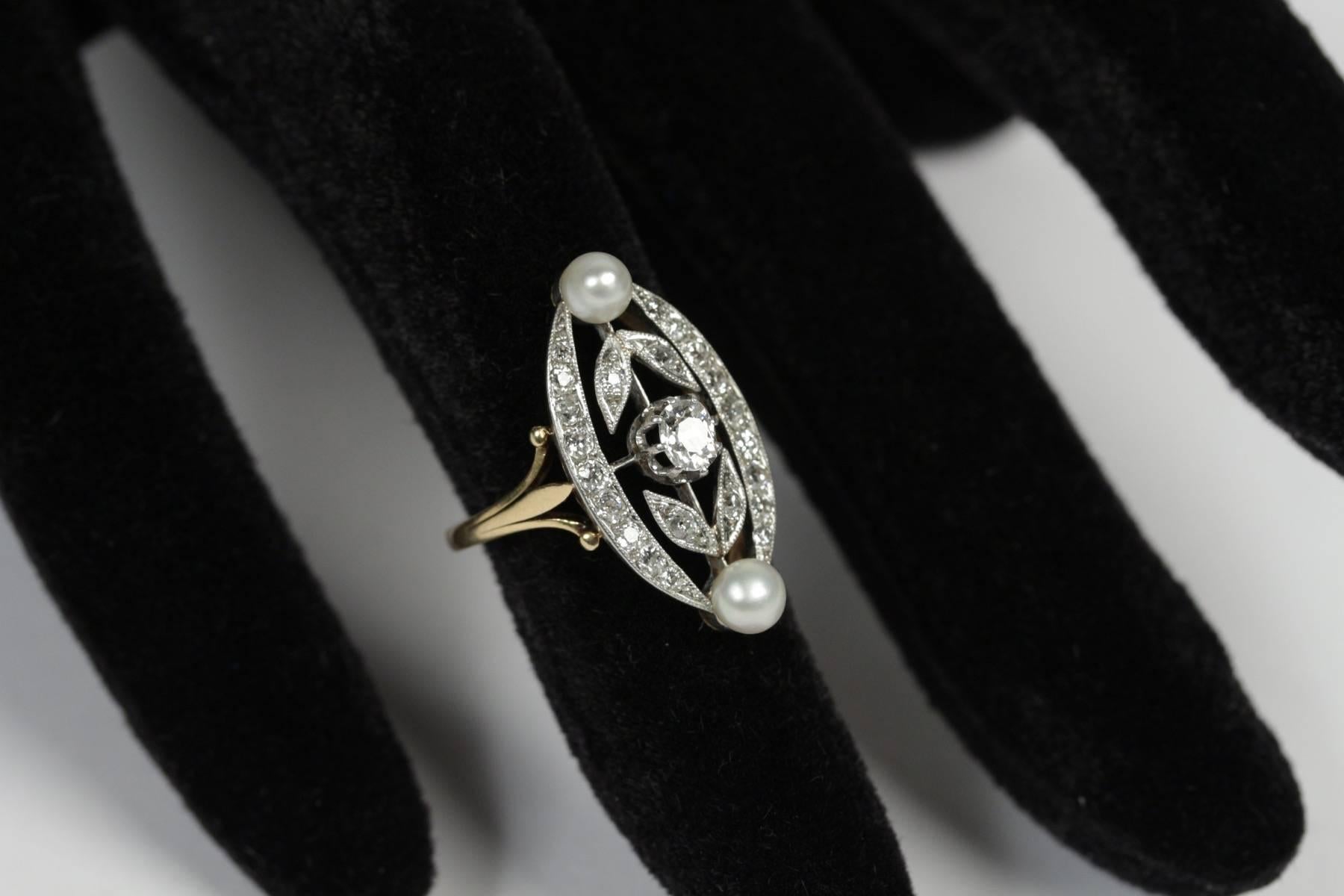 1910s Diamond Pearl Gold Platinum Marquise Ring For Sale 3