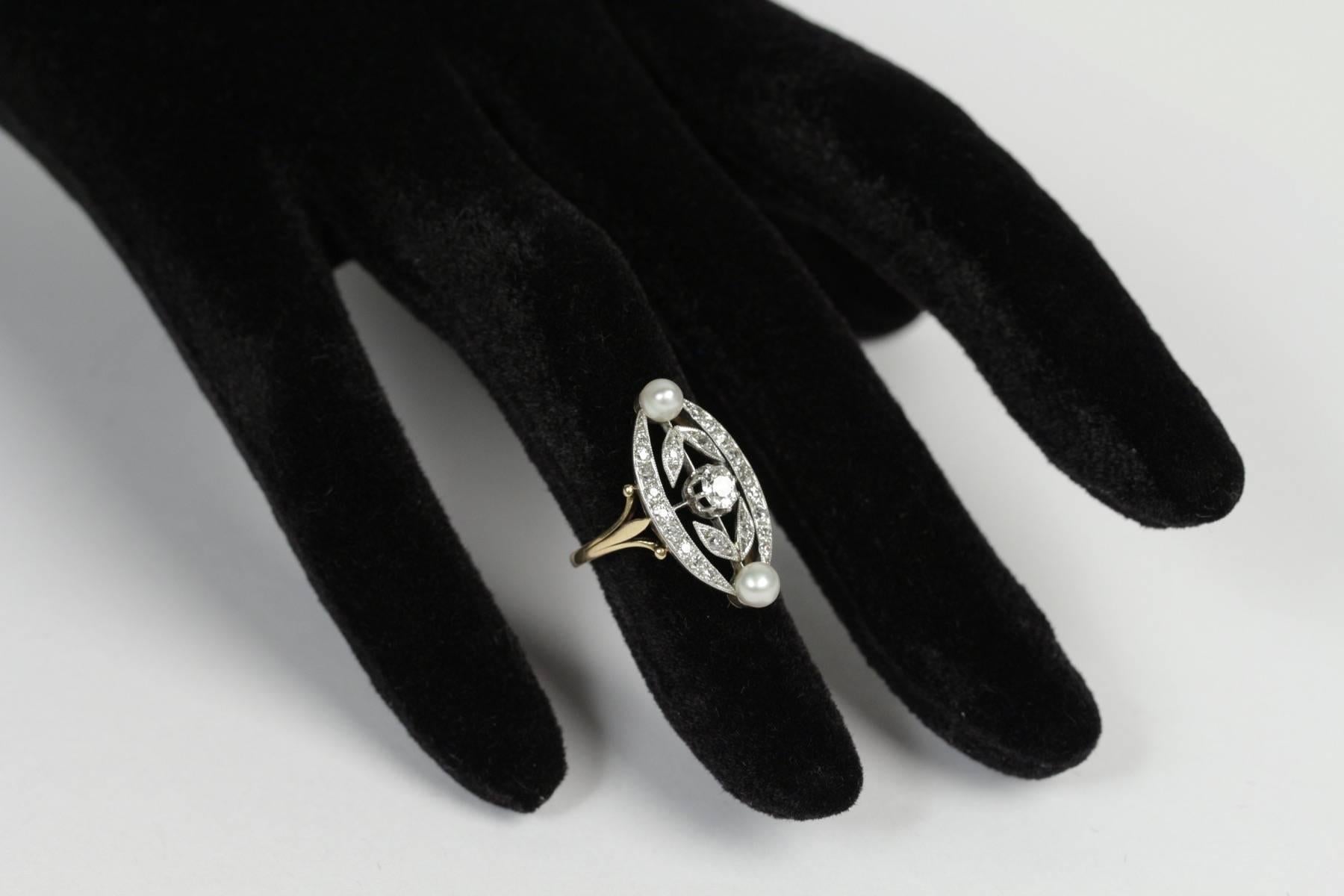 1910s Diamond Pearl Gold Platinum Marquise Ring For Sale 4