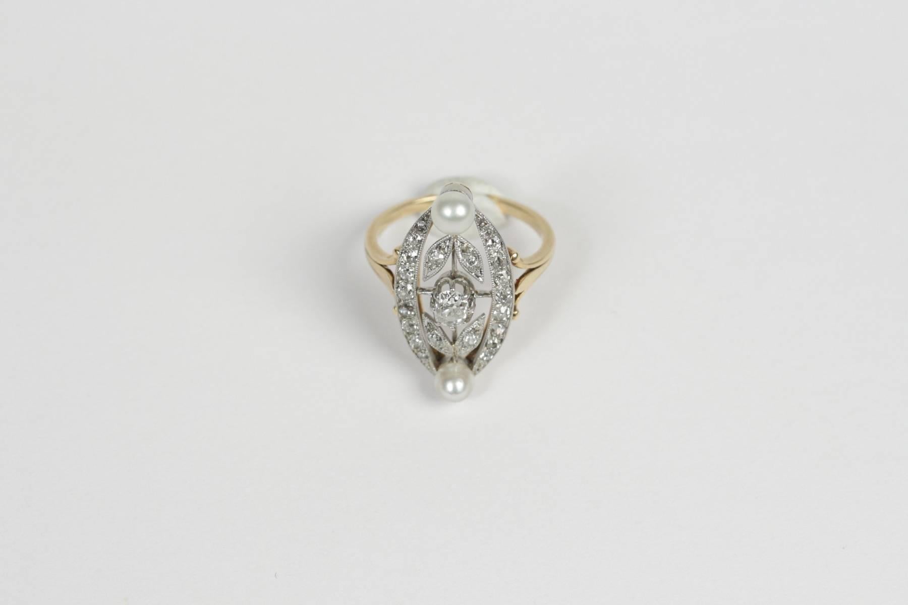 1910s Diamond Pearl Gold Platinum Marquise Ring For Sale 5