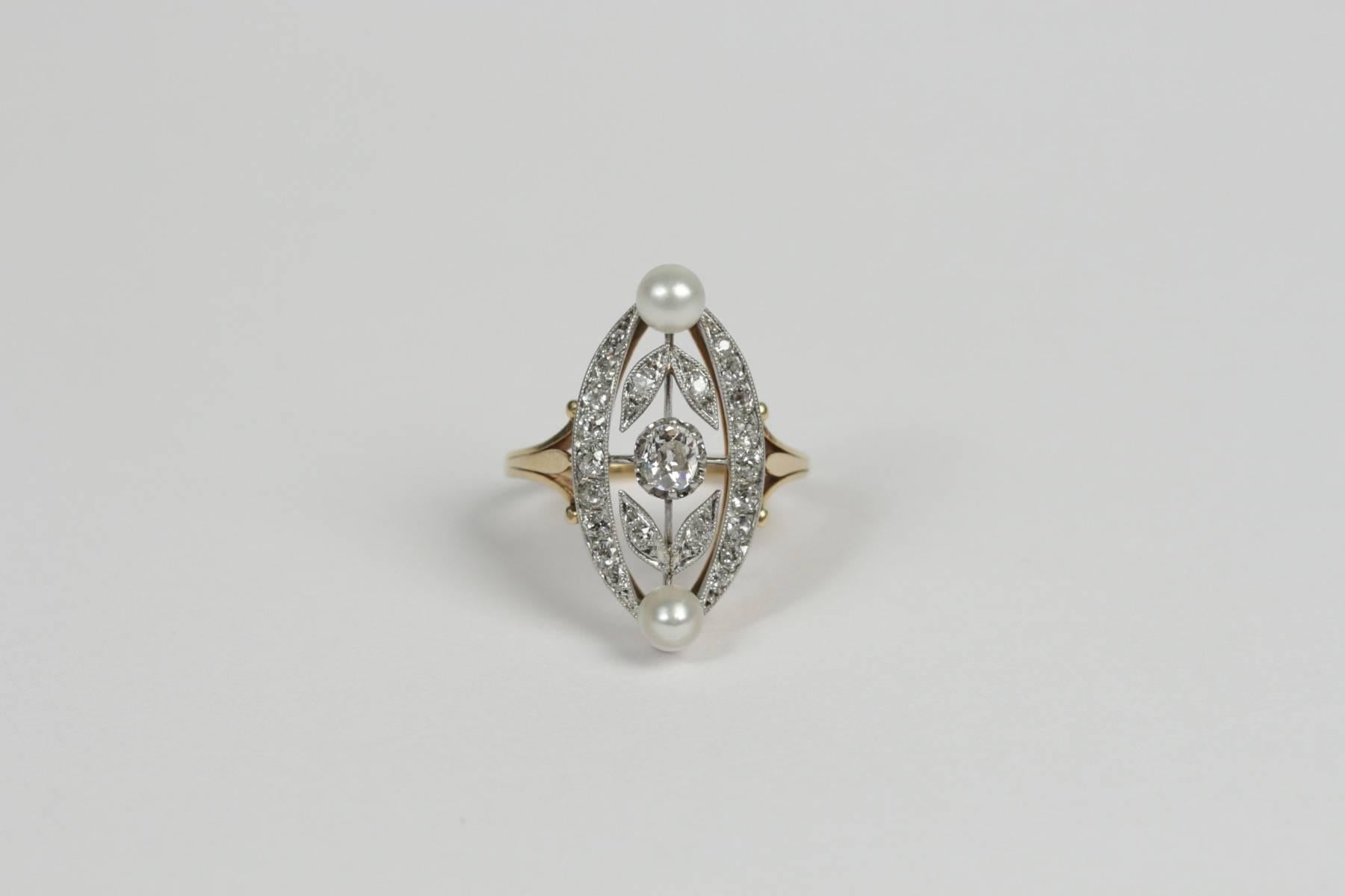 1910s Diamond Pearl Gold Platinum Marquise Ring For Sale 6