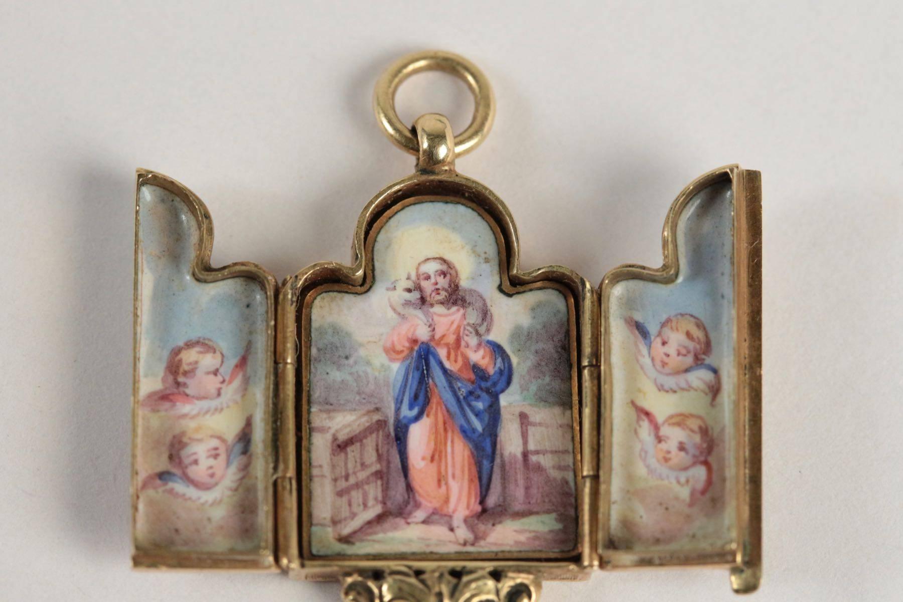 Antique French Triptych Enamel Gold Pendant In Excellent Condition In Saint-Ouen, FR