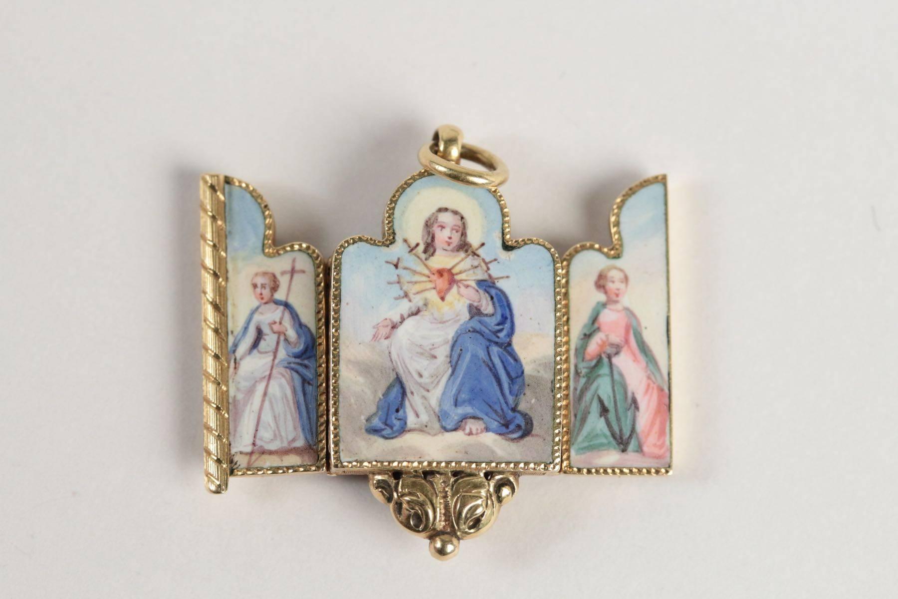 Women's Antique French Triptych Enamel Gold Pendant