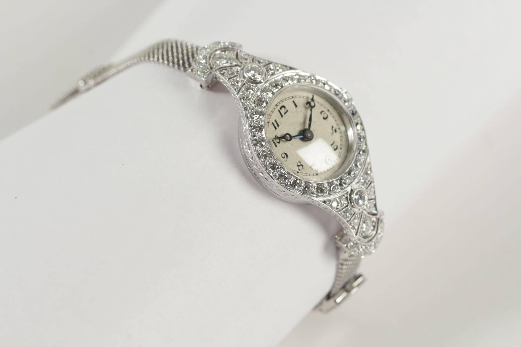 Art Deco Lady's Antique Platinum and Diamond Wristwatch For Sale