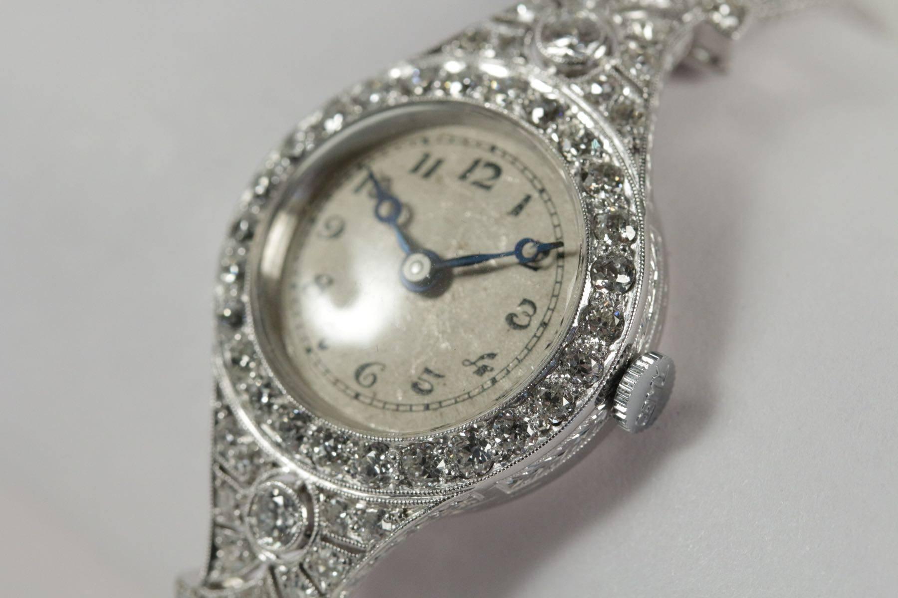 Lady's Antique Platinum and Diamond Wristwatch For Sale 1