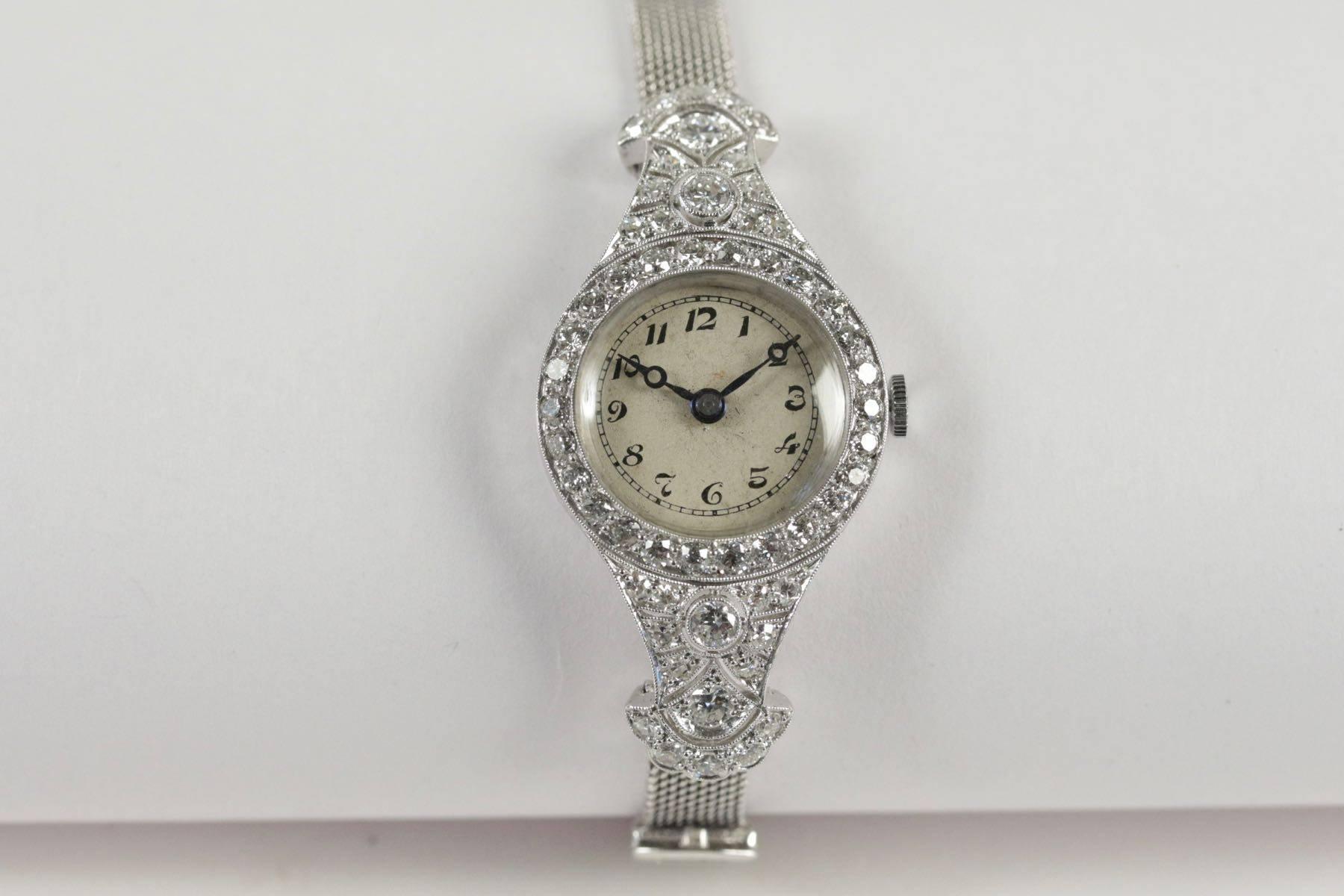 Lady's Antique Platinum and Diamond Wristwatch For Sale 4