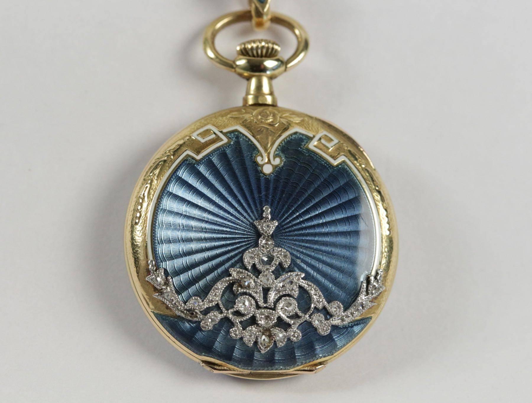 18k yellow gold enamel and diamonds ladies pocket watch with its original brooch. French work.
