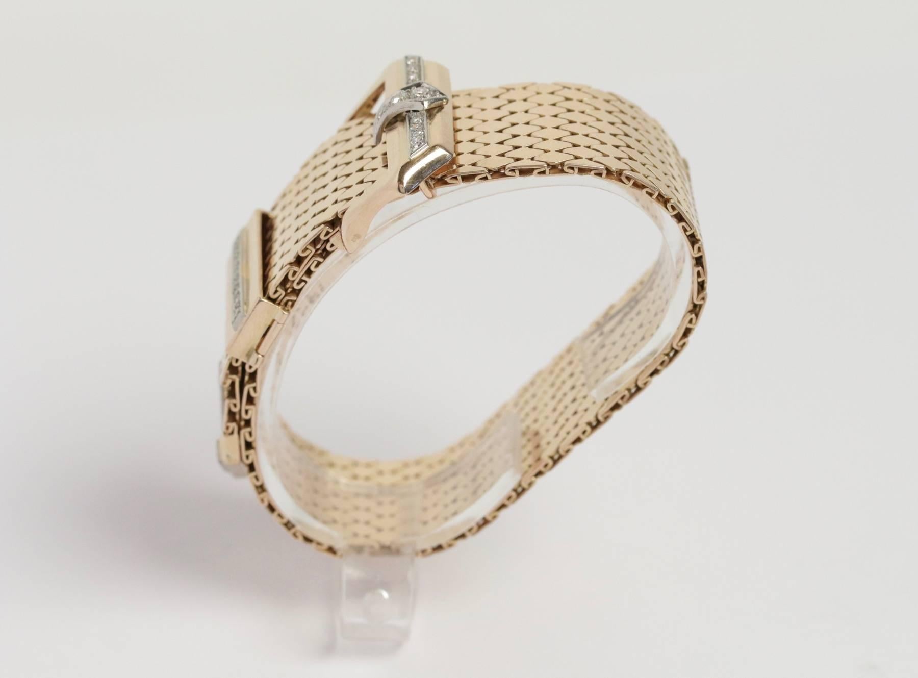 1950s Diamond Gold Buckle Bracelet In Excellent Condition For Sale In Saint-Ouen, FR