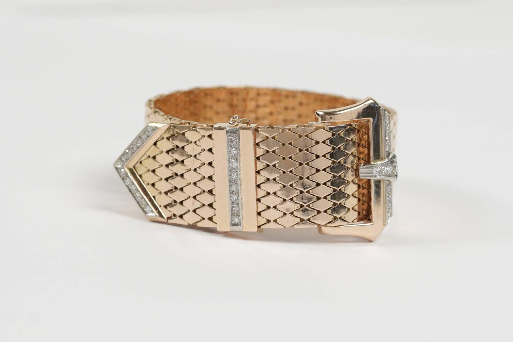 Women's 1950s Diamond Gold Buckle Bracelet For Sale