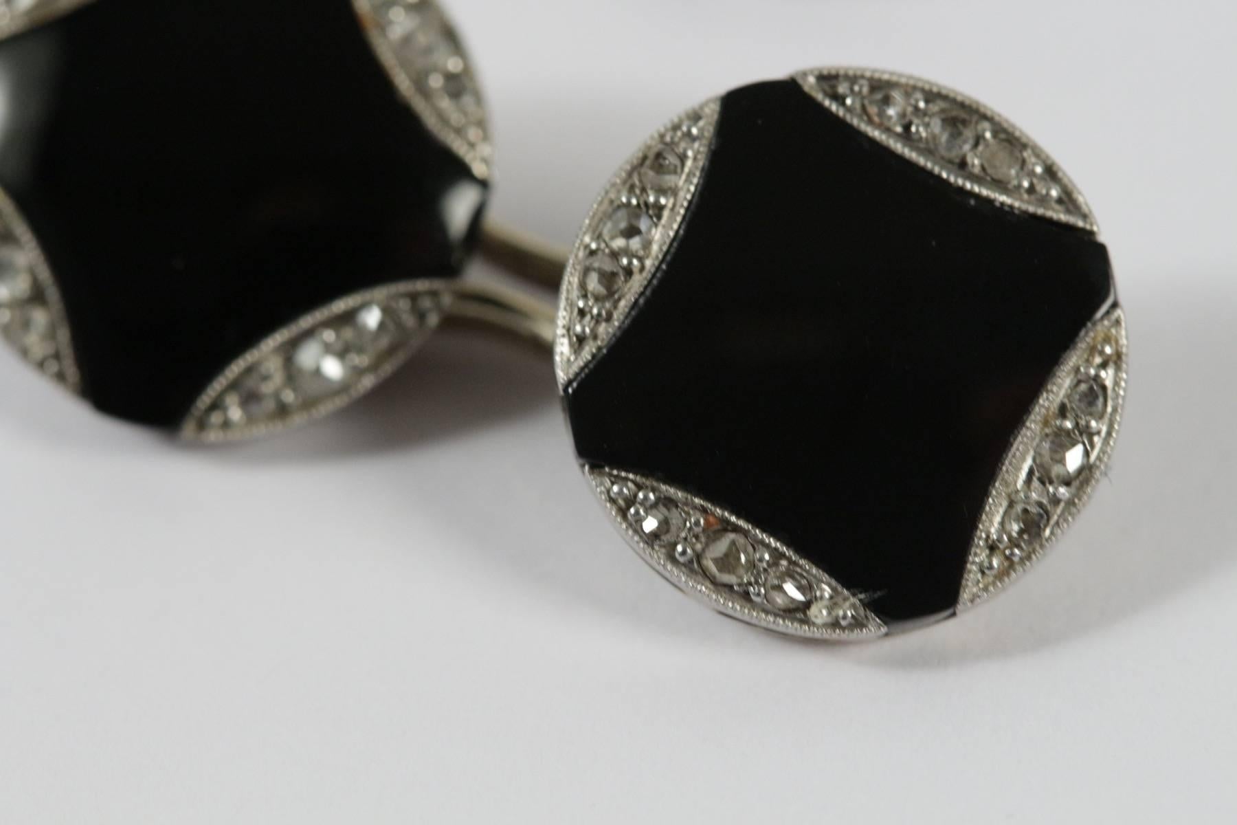 Art Deco Black Onyx Diamond Cufflinks In Excellent Condition For Sale In Saint-Ouen, FR