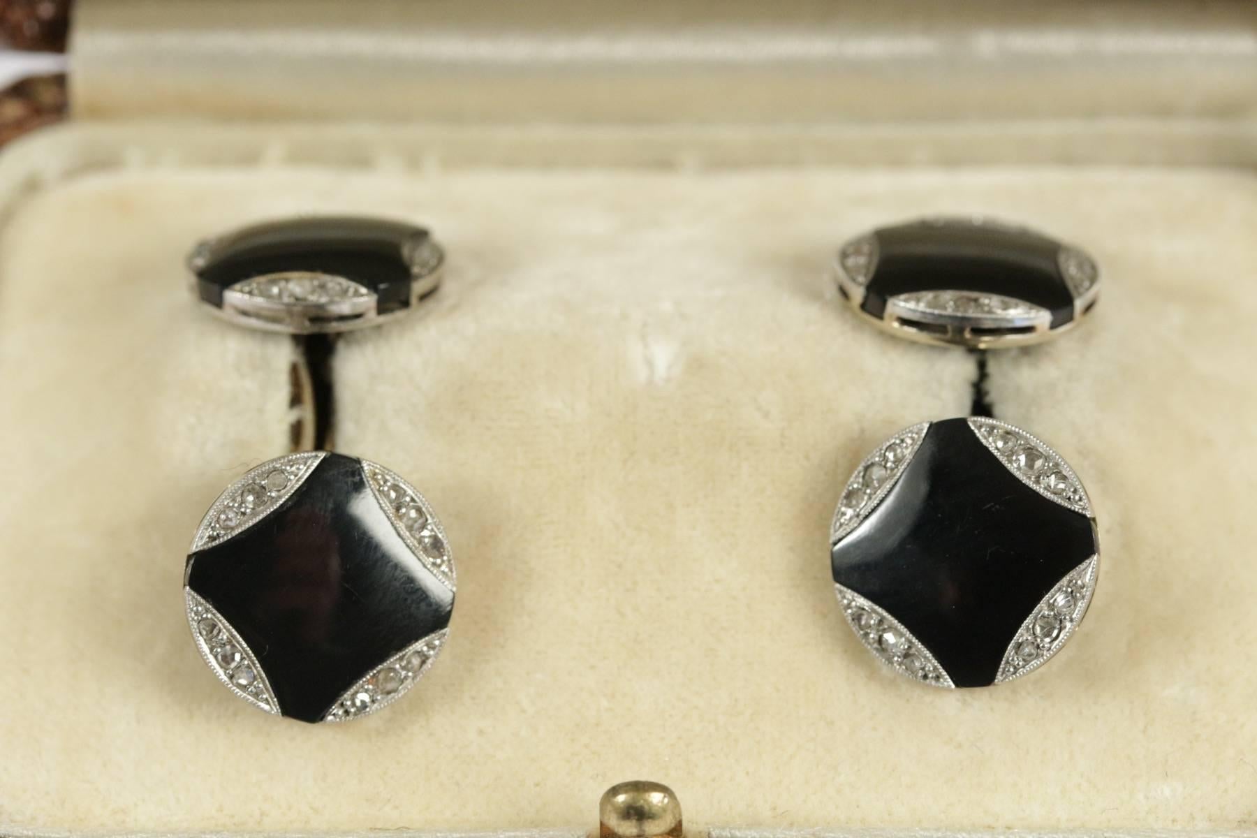 Art Deco Black Onyx Diamond Cufflinks For Sale 2