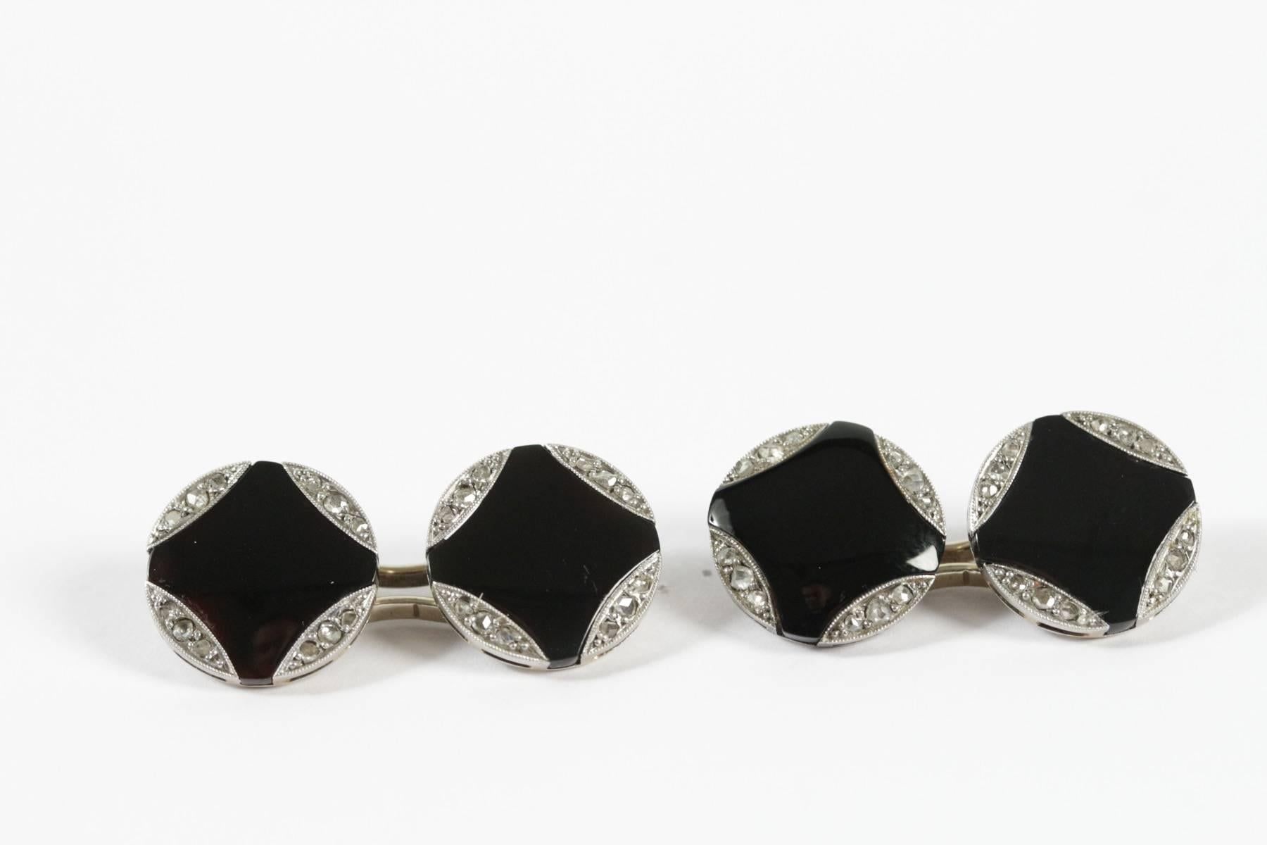 Art Deco Black Onyx Diamond Cufflinks For Sale 3