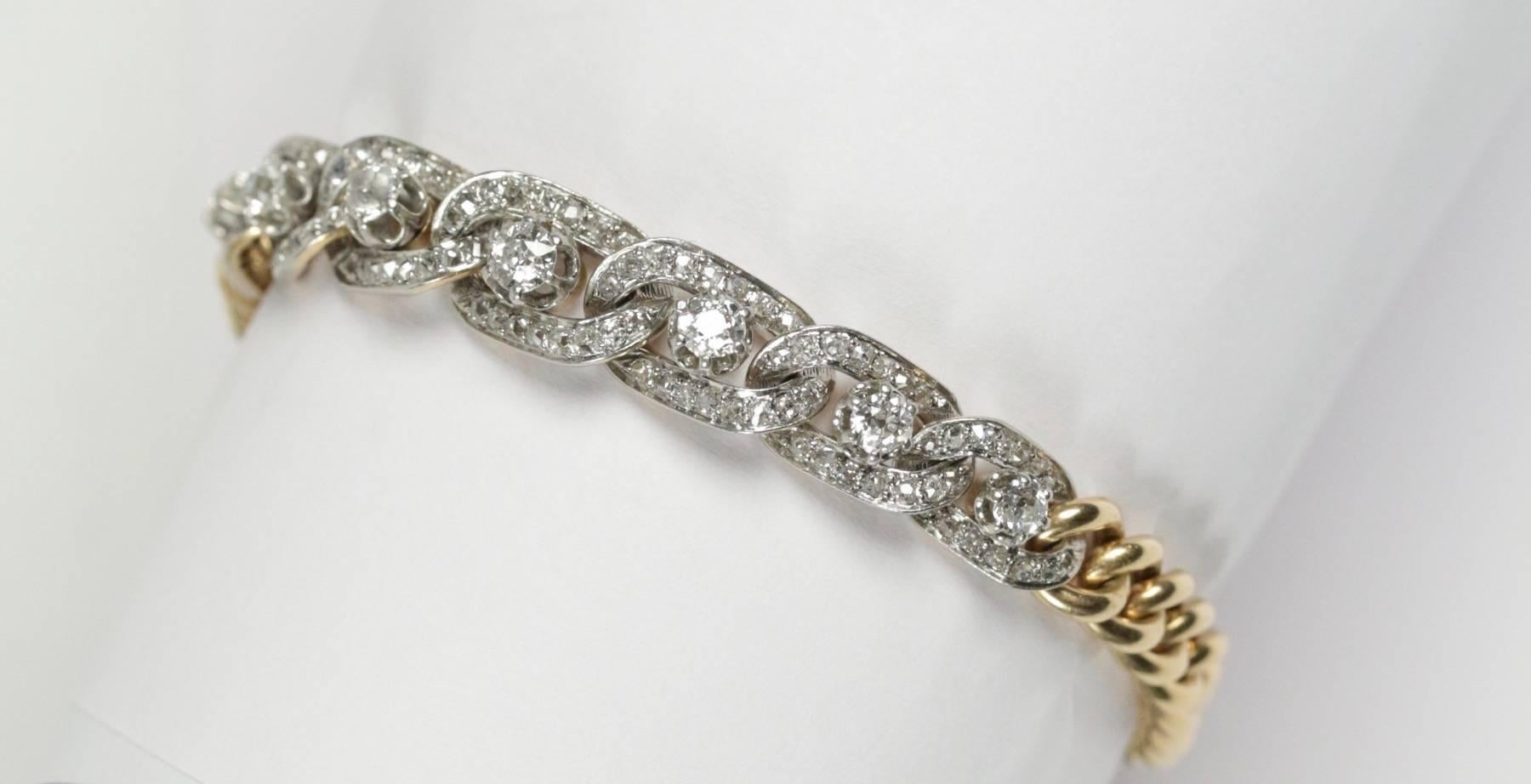 1900s Diamond Gold Platinum Link Bracelet In Excellent Condition In Saint-Ouen, FR