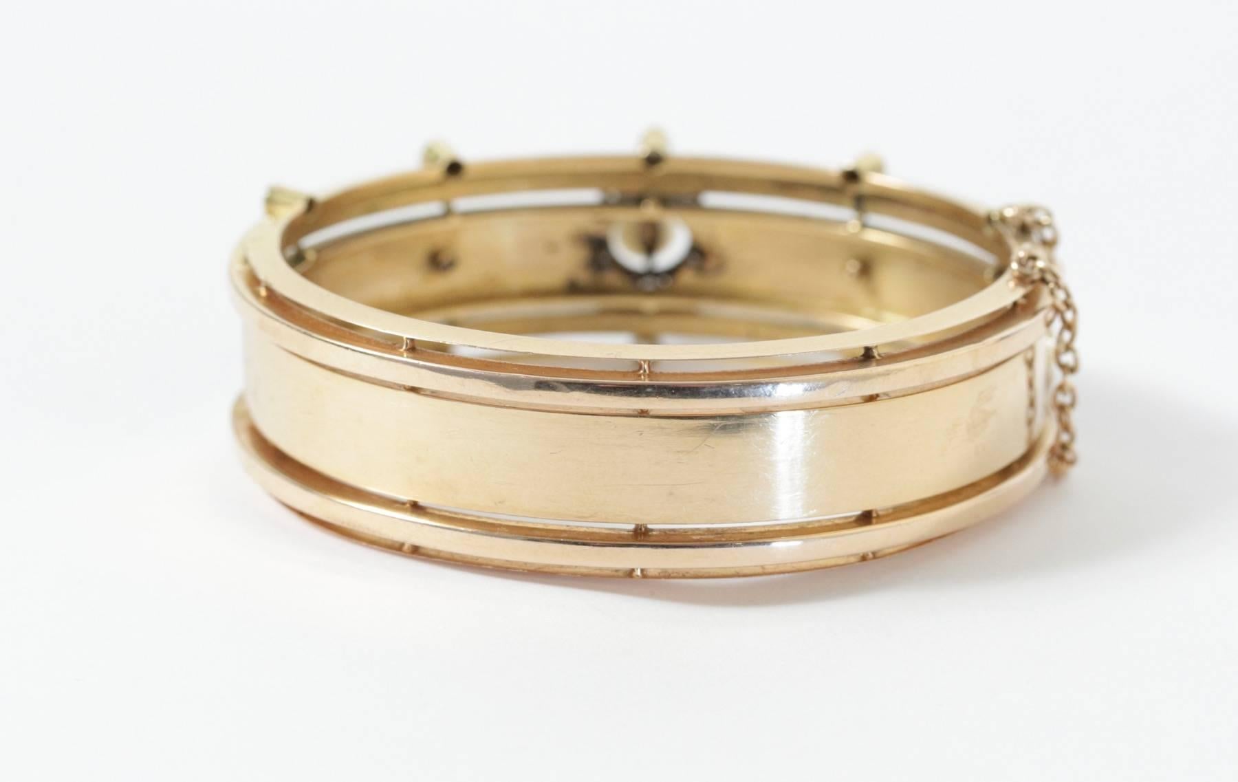 Women's Antique French Napoleon III Enamel Diamond Pearl Gold Bangle Bracelet