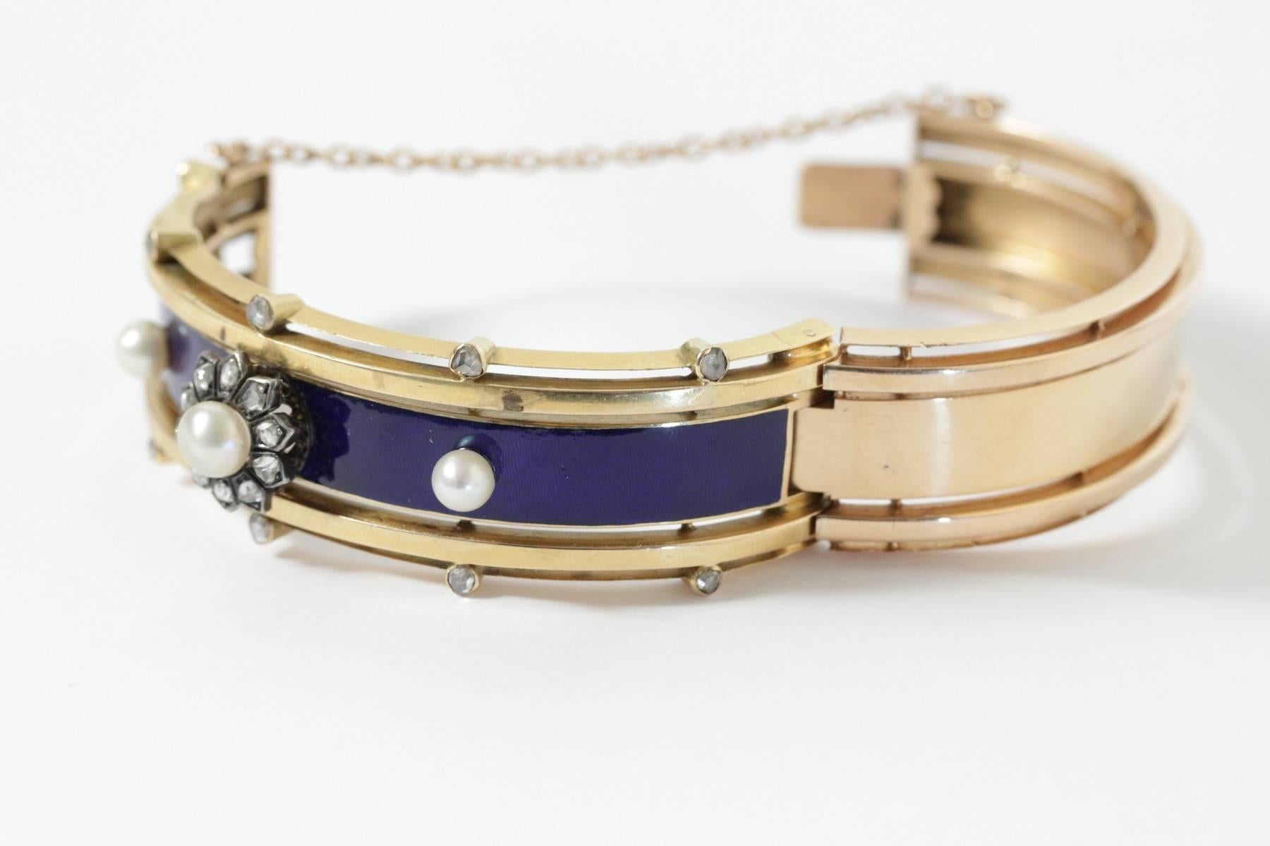 Antique French Napoleon III Enamel Diamond Pearl Gold Bangle Bracelet 1
