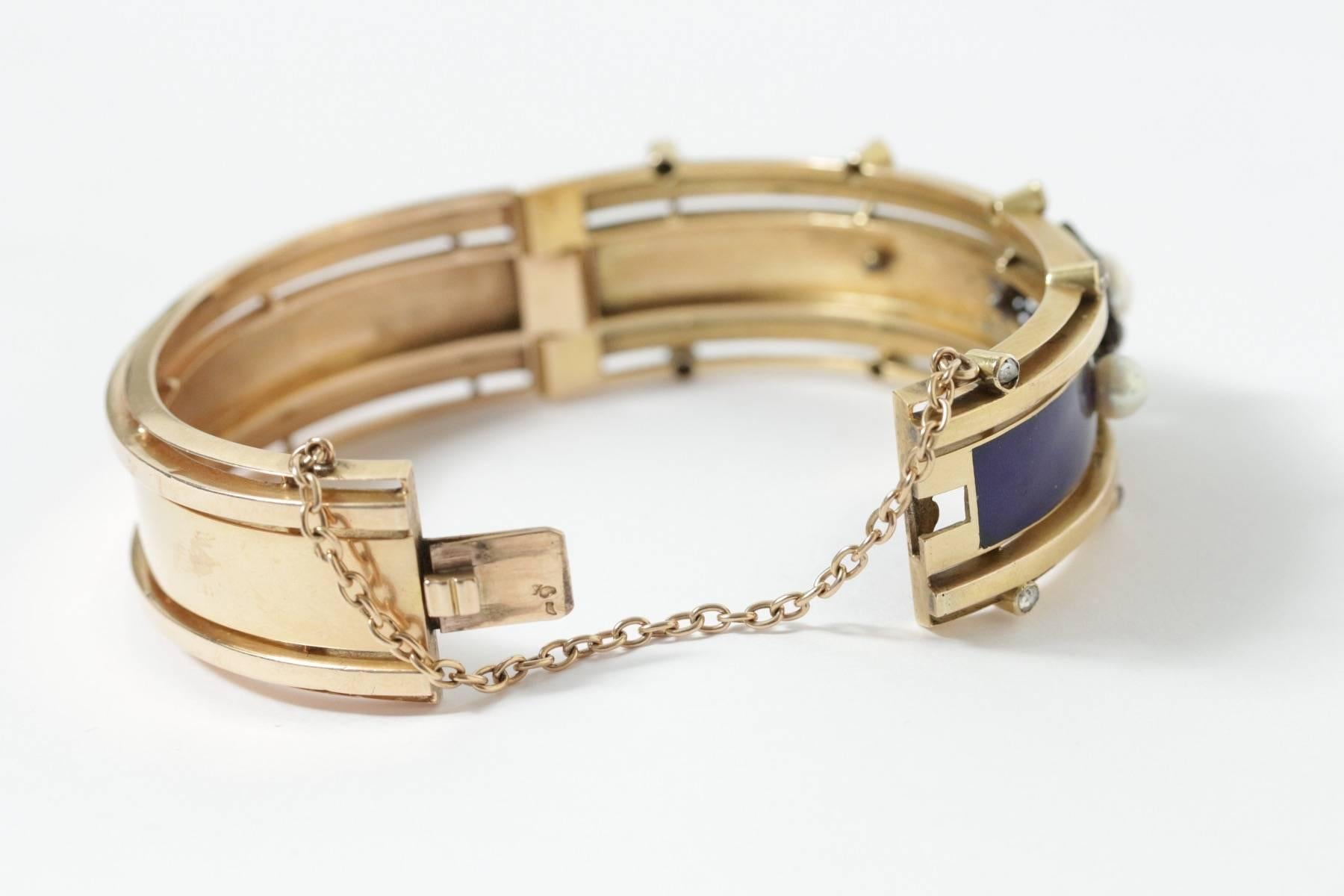Antique French Napoleon III Enamel Diamond Pearl Gold Bangle Bracelet 2